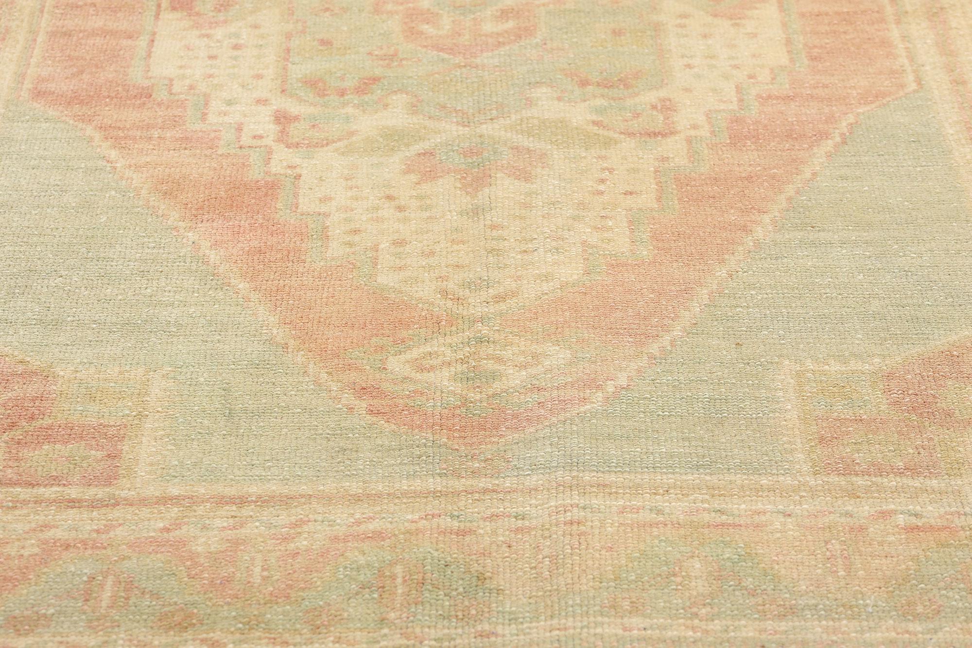Hand-Knotted Vintage Turkish Oushak Rug, Timeless Tranquility Meets Anatolian Enchantmentt For Sale