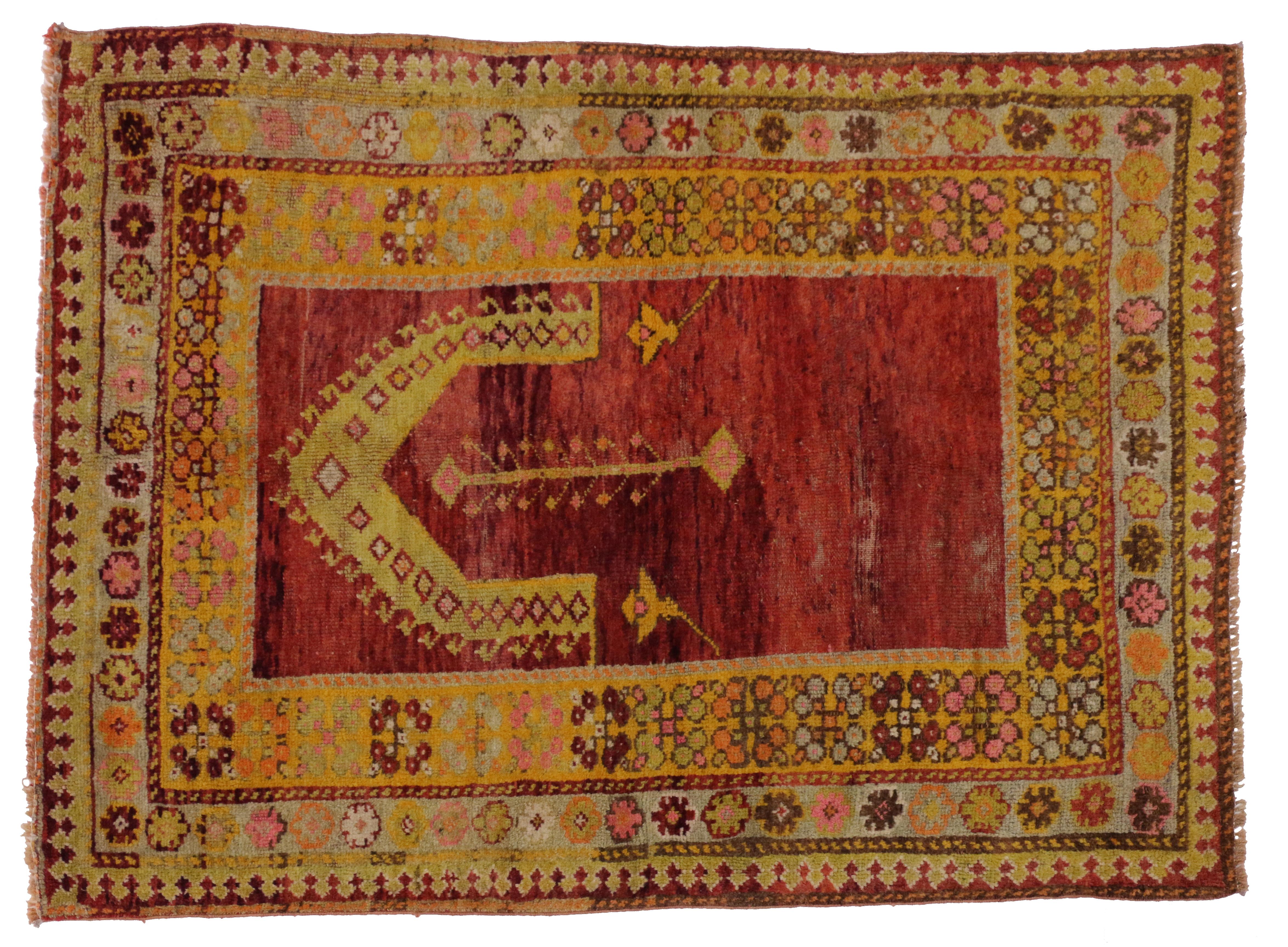 Hand-Knotted Vintage Turkish Oushak Rug, Turkish Prayer Rug For Sale