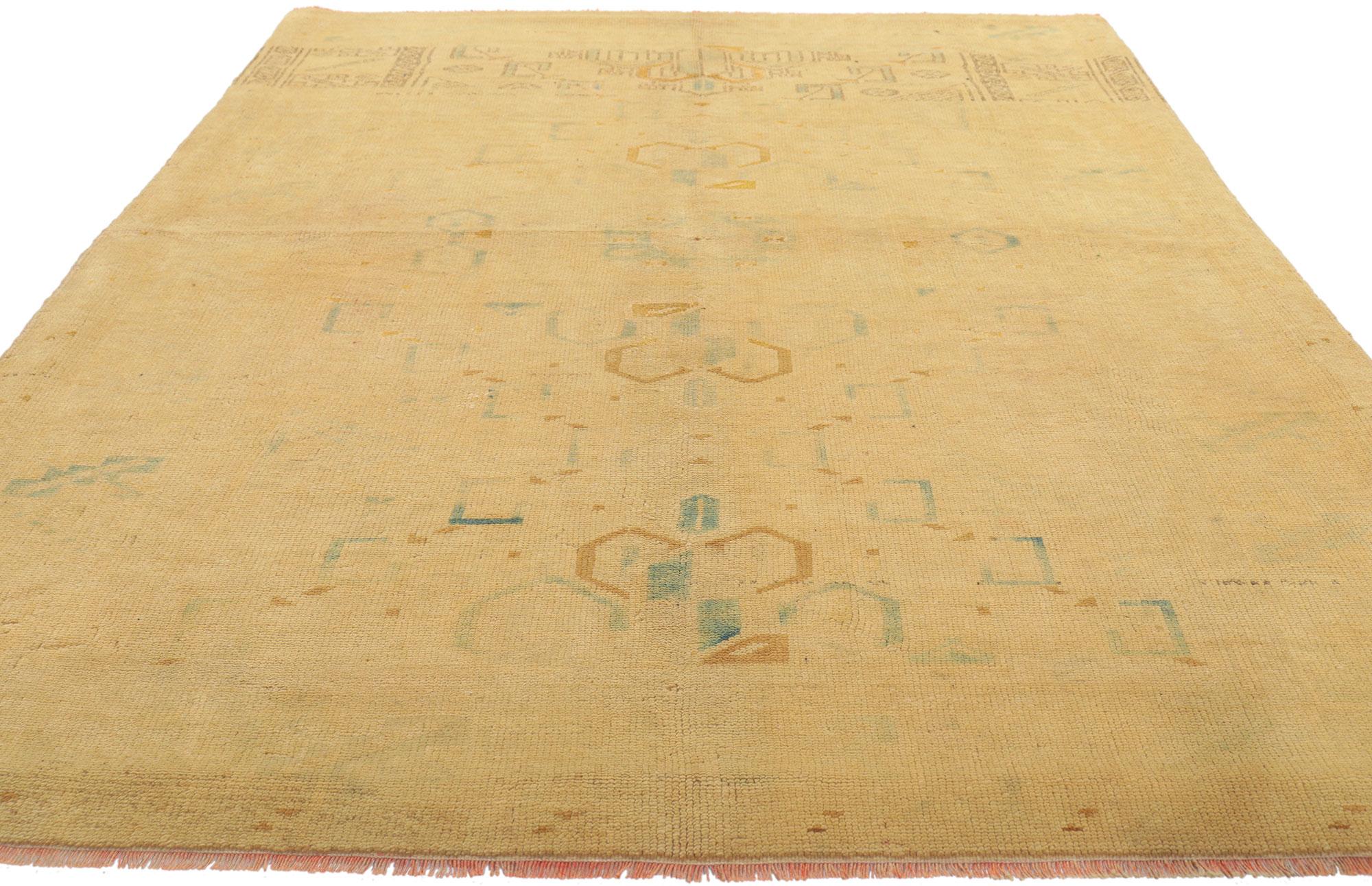 Hand-Knotted Vintage Turkish Oushak Rug, Vibrant Warmth Meets Faded Beauty For Sale
