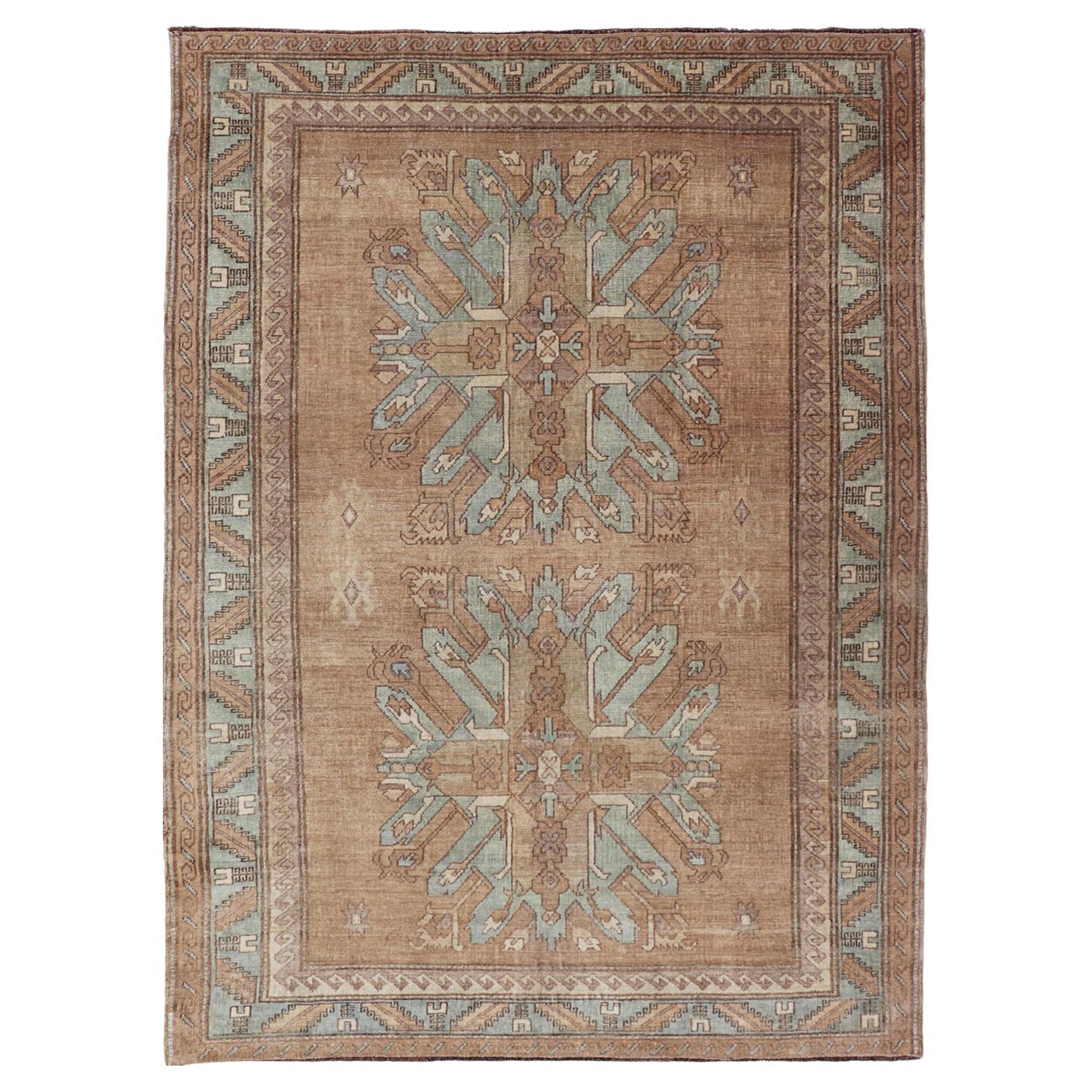 Vintage Turkish Oushak Rug -Warm Brown and Soft Blue Medallion Patterns 5'4 x 7'