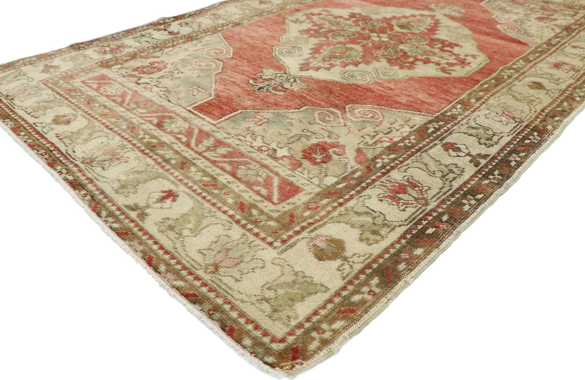 52706 Vintage Turkish Oushak Rug with a Rustic Arts and Crafts Traditional Style 03'04 x 05'07. With a traditional medallion design and subdued elegance, this hand knotted wool vintage Turkish Oushak rug embraces a rustic Arts and Crafts traditional