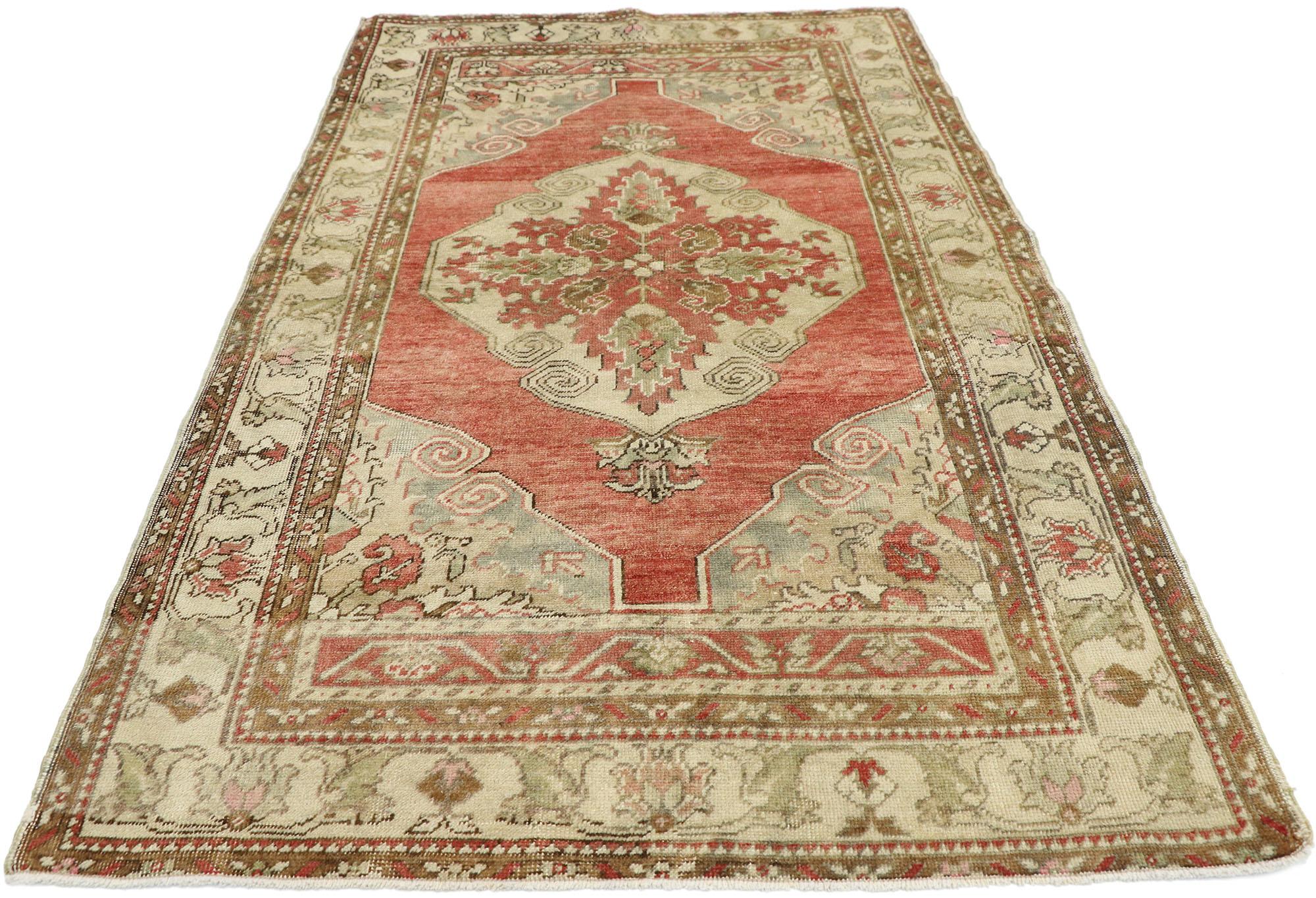 Hand-Knotted Vintage Turkish Oushak Rug with a Rustic Arts & Crafts Traditional Style For Sale