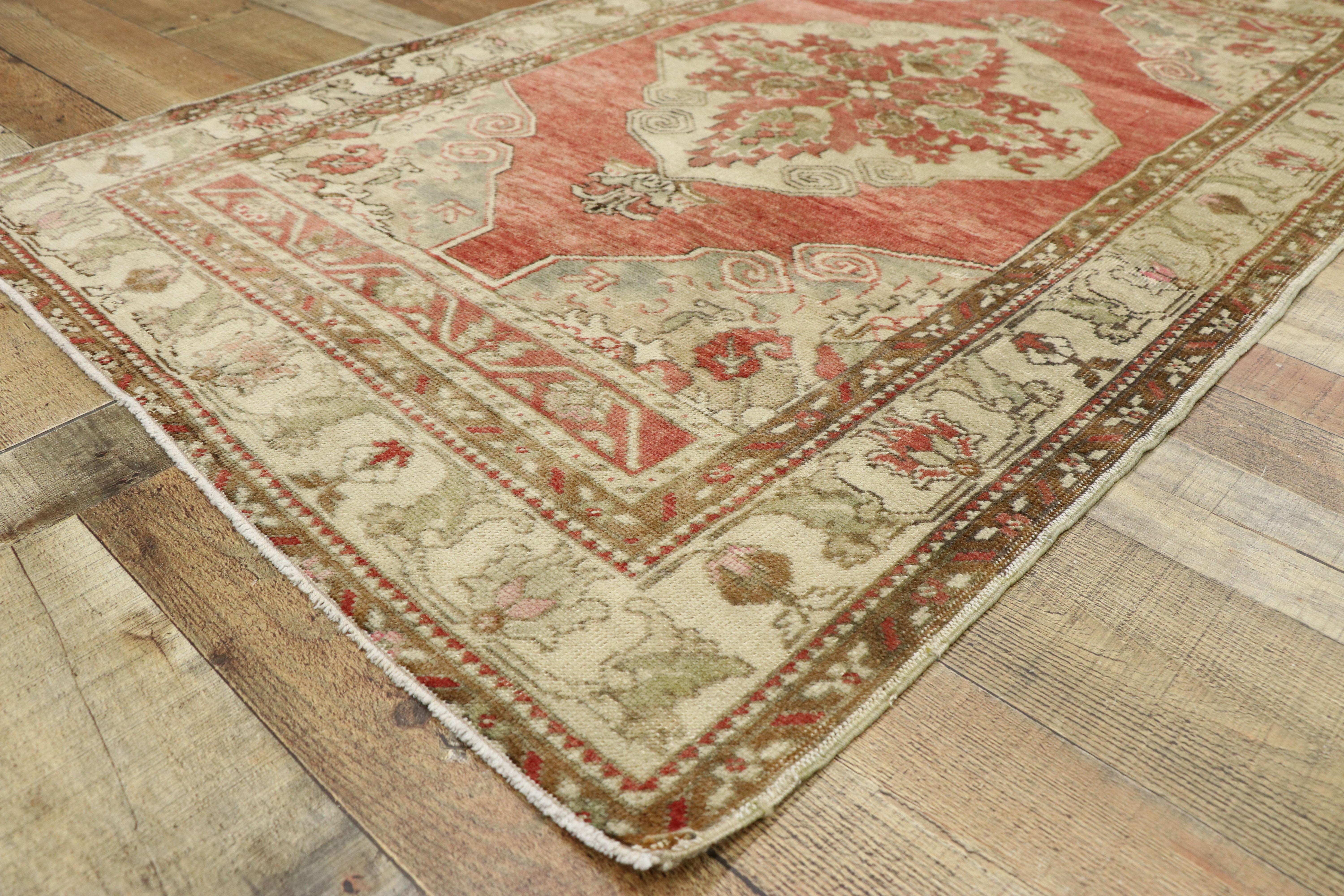 Wool Vintage Turkish Oushak Rug with a Rustic Arts & Crafts Traditional Style For Sale