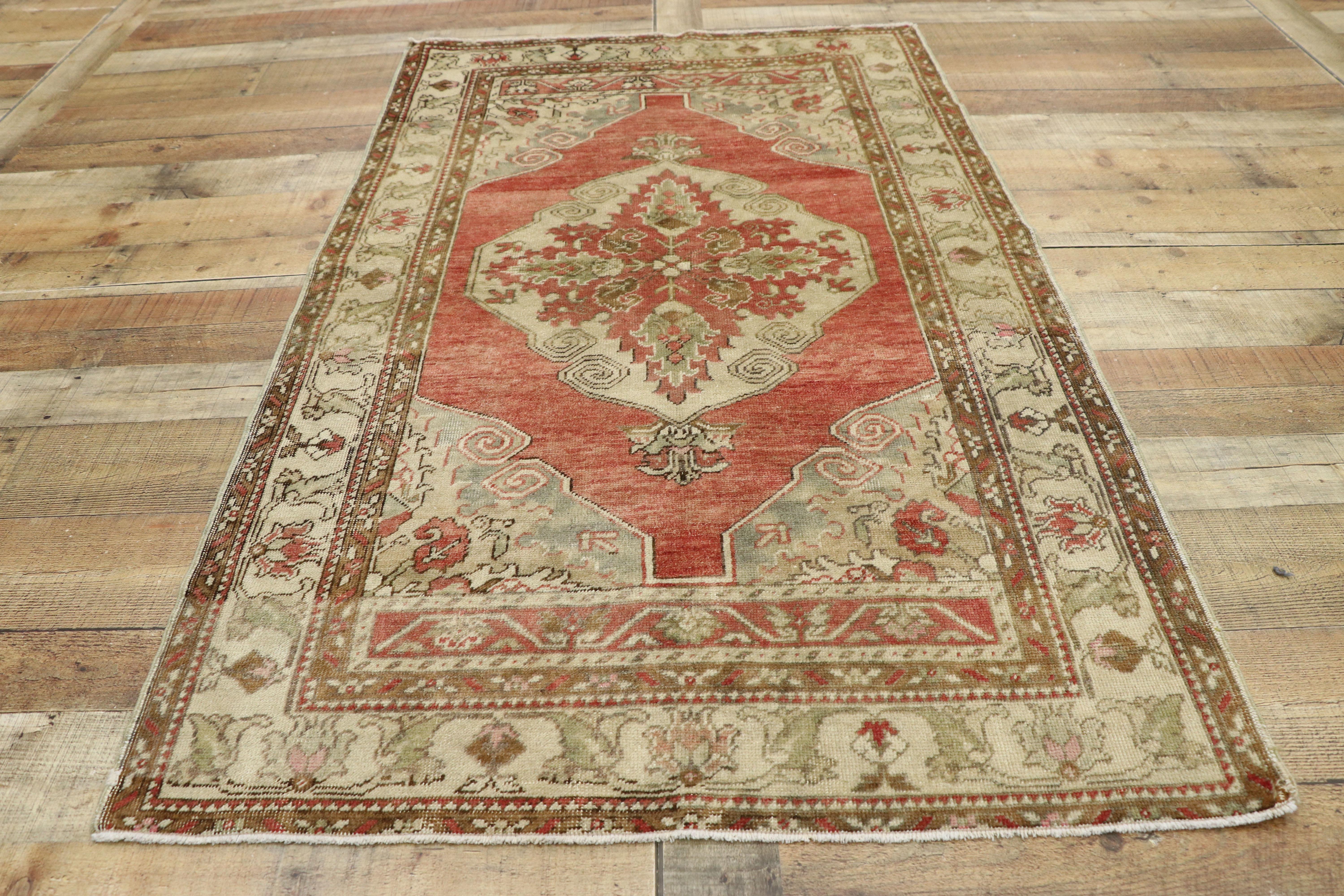 Vintage Turkish Oushak Rug with a Rustic Arts & Crafts Traditional Style For Sale 1