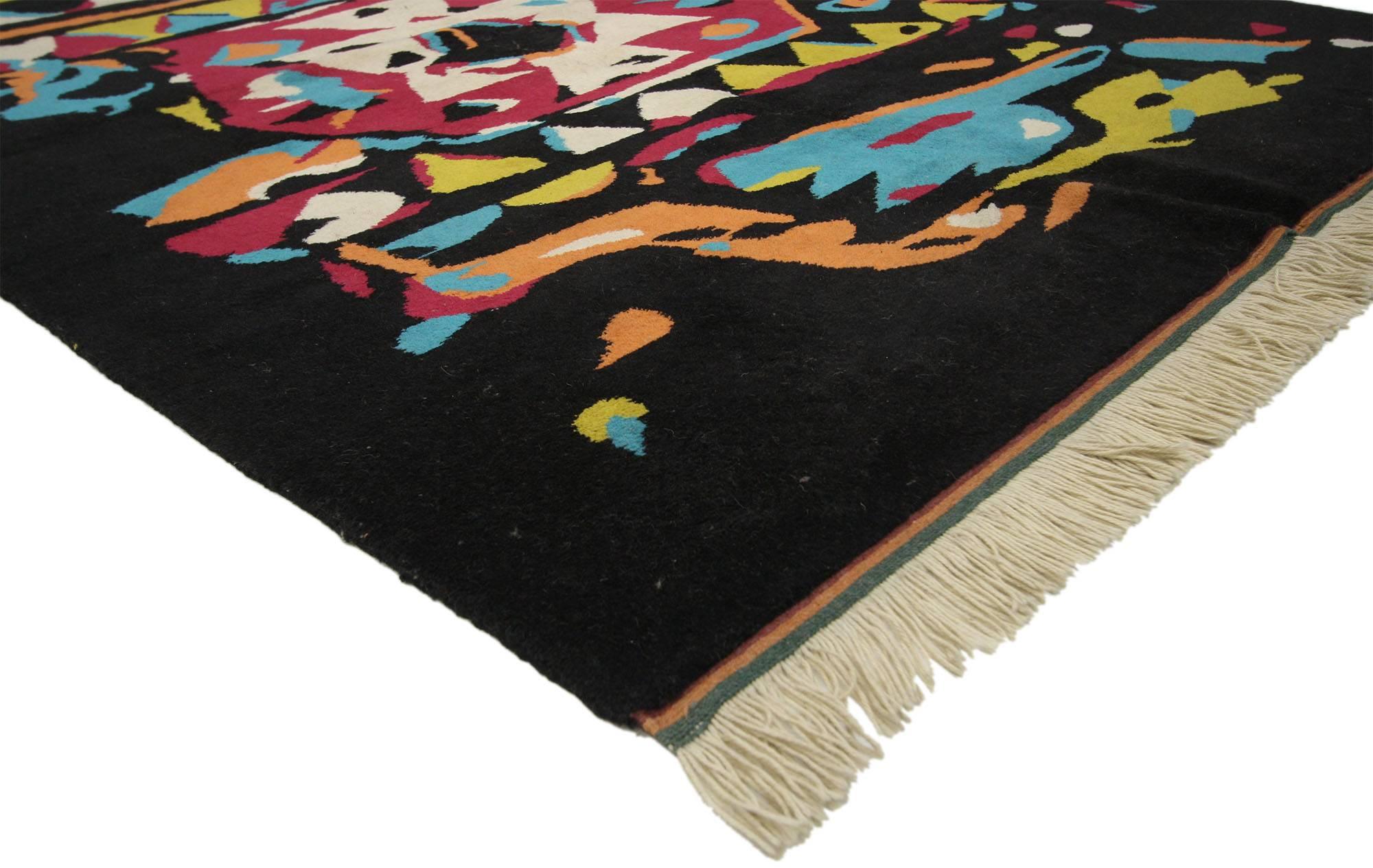 77136 vintage Turkish Oushak rug with Abstract Expressionist Postmodern style. This hand knotted wool vintage Turkish Oushak rug features an abstract expressionist and Post-modern style. Rendered in variegated shades of black, tangerine, aqua, ruby