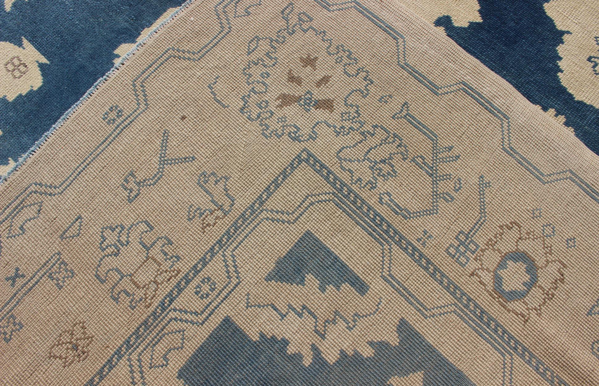 Vintage Turkish Oushak Rug with All-Over Design in Royal Blue and Ivory For Sale 6