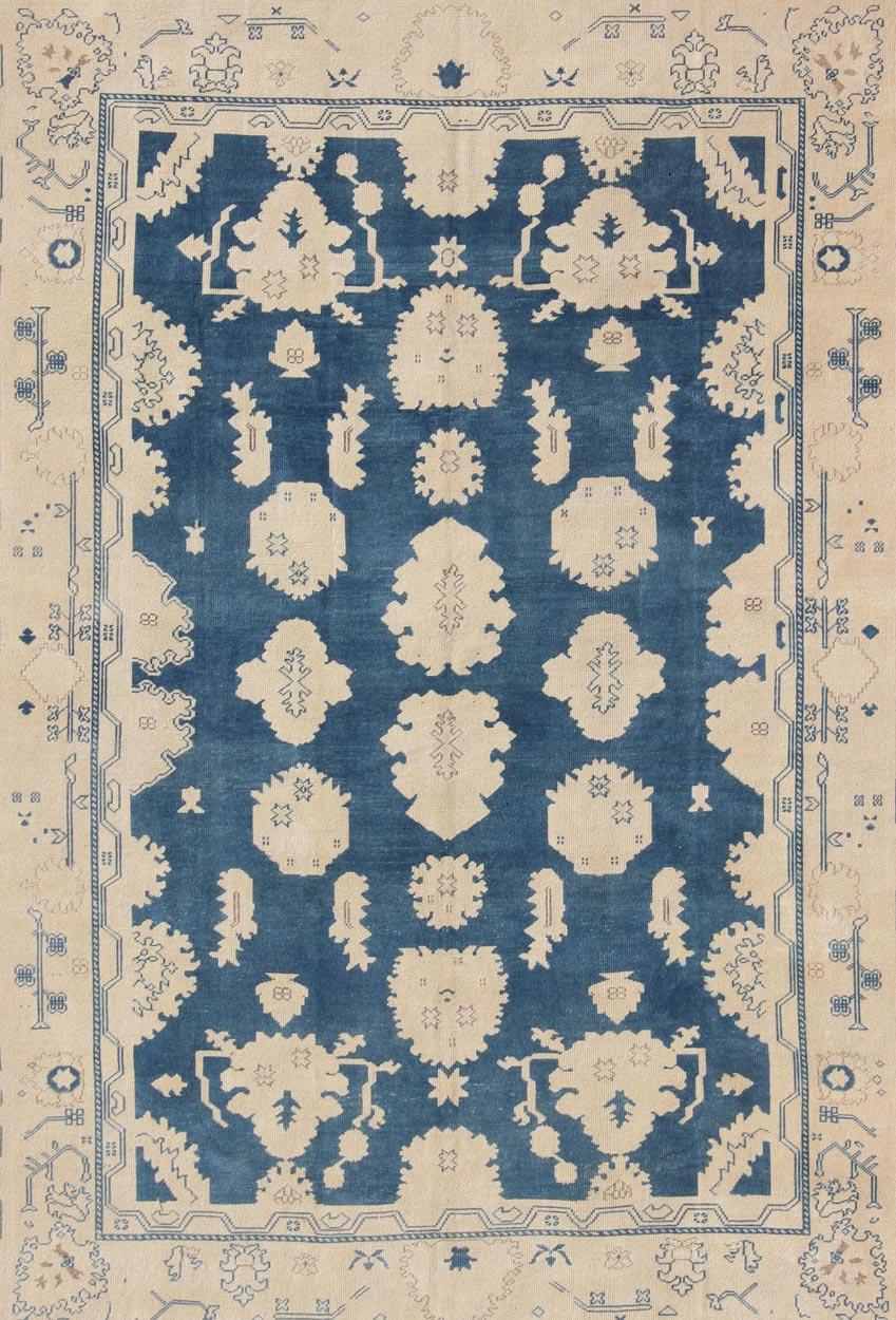 Hand-Knotted Vintage Turkish Oushak Rug with All-Over Design in Royal Blue and Ivory For Sale