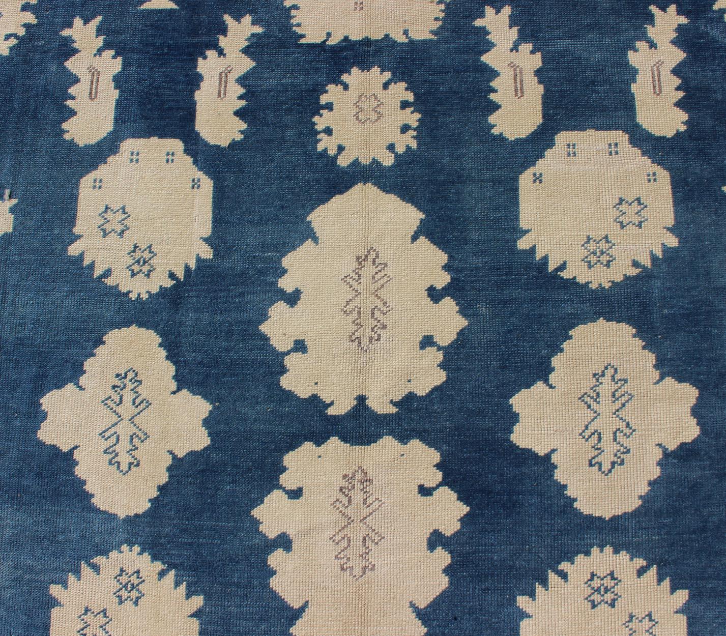 Wool Vintage Turkish Oushak Rug with All-Over Design in Royal Blue and Ivory For Sale