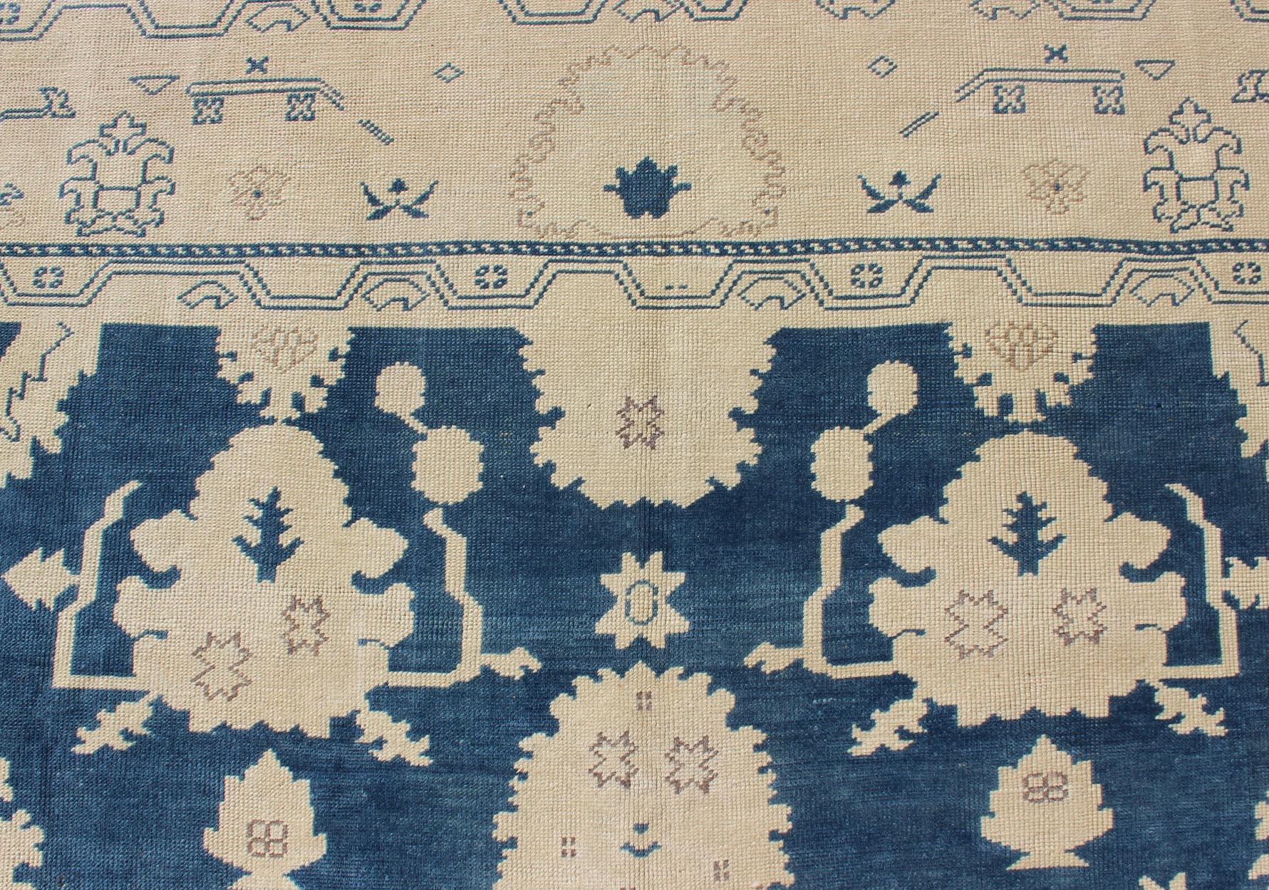 Vintage Turkish Oushak Rug with All-Over Design in Royal Blue and Ivory For Sale 1