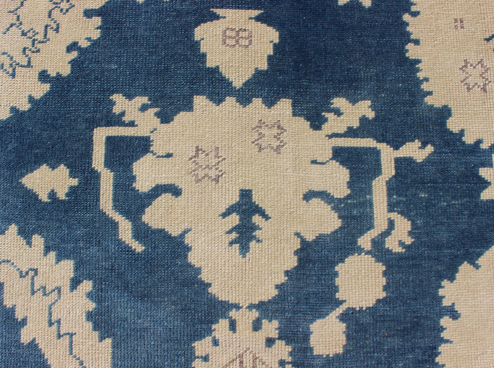 Vintage Turkish Oushak Rug with All-Over Design in Royal Blue and Ivory For Sale 2