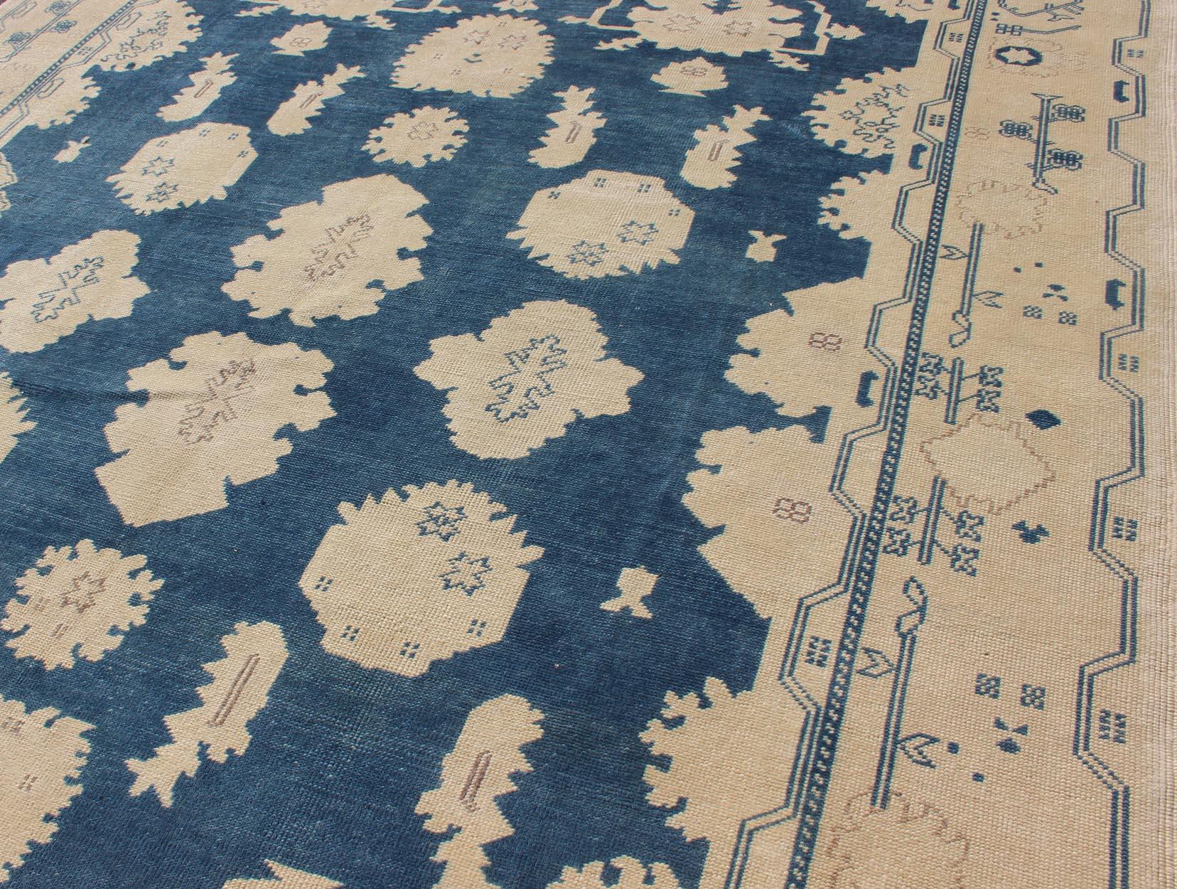 Vintage Turkish Oushak Rug with All-Over Design in Royal Blue and Ivory For Sale 3