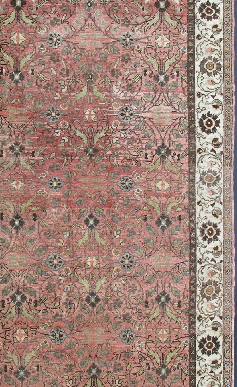 Vintage Turkish Oushak Rug with All-Over Floral Design in Pink Color Field In Good Condition For Sale In Atlanta, GA