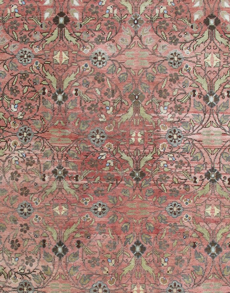 Wool Vintage Turkish Oushak Rug with All-Over Floral Design in Pink Color Field For Sale