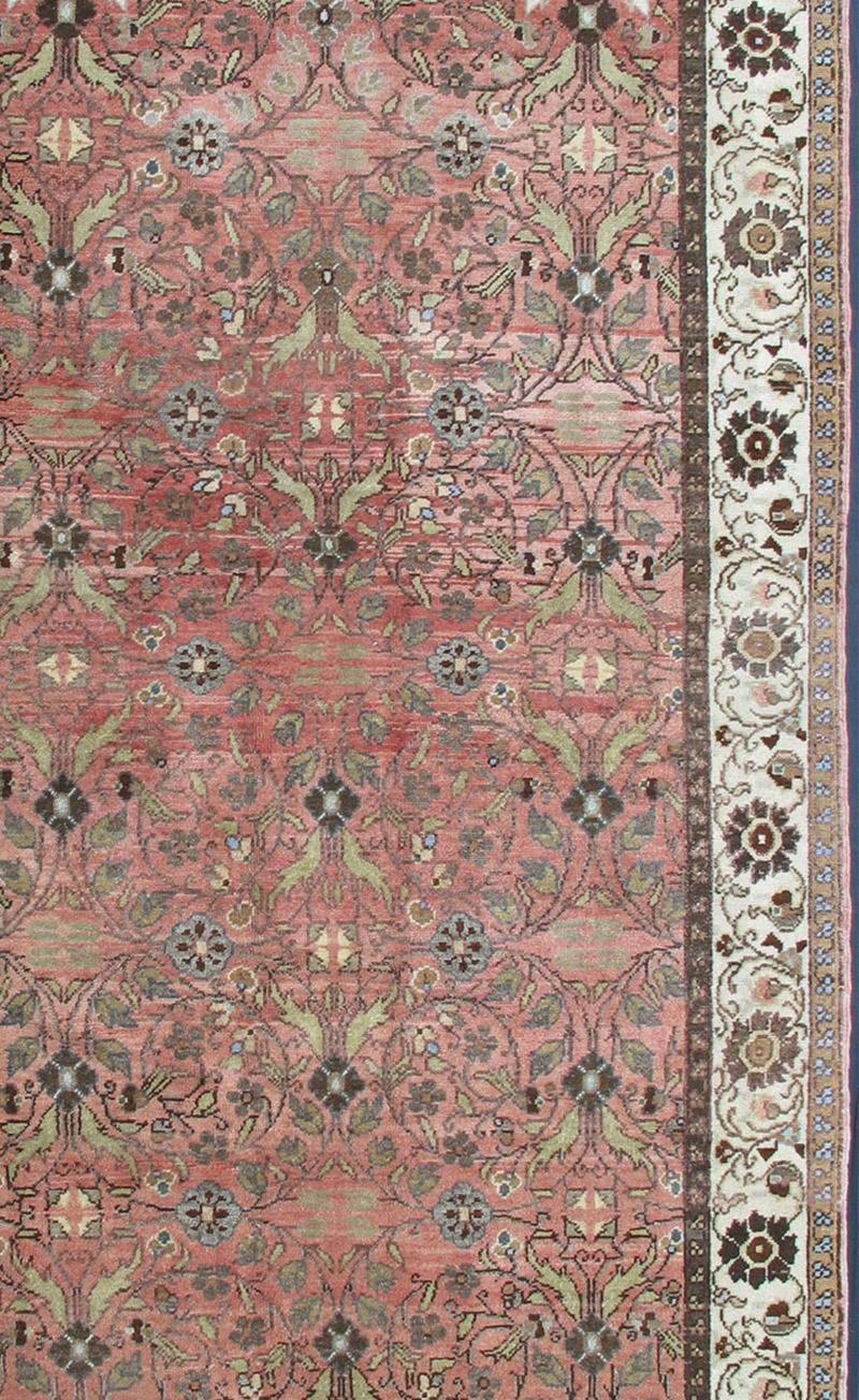 Vintage Turkish Oushak Rug with All-Over Floral Design in Pink Color Field For Sale 1