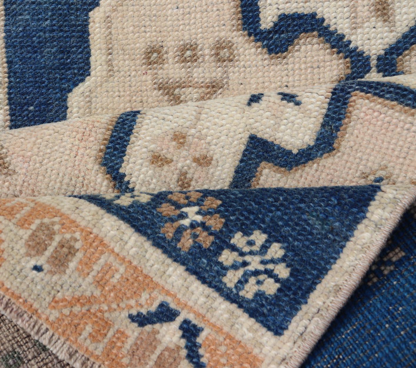 Laine Tapis Oushak turc vintage à motifs de médaillons subgéométriques sur toute la surface 1'7 