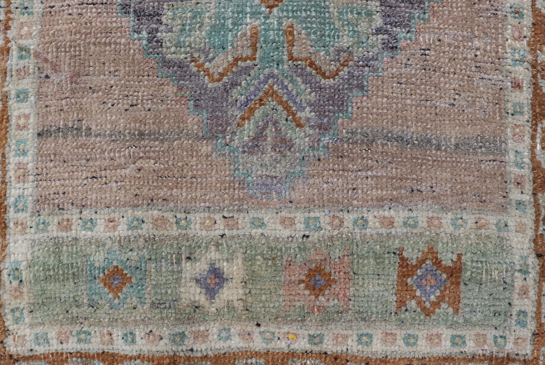 Hand-Knotted Vintage Turkish Oushak Rug with All-Over Sub-Geometric Medallion Design For Sale