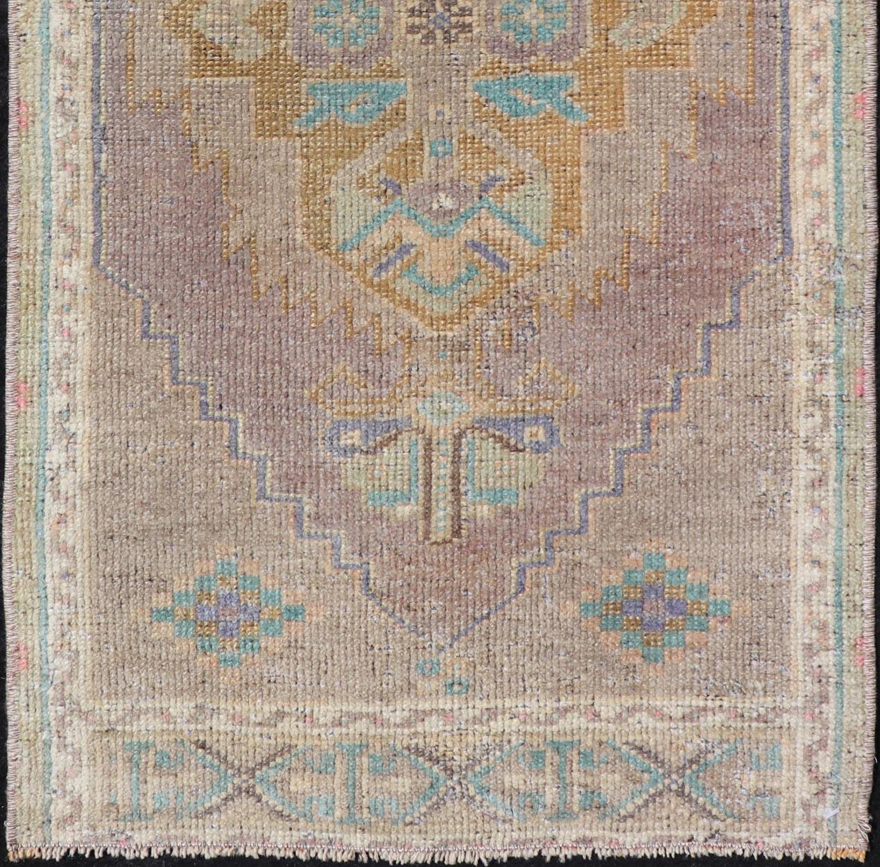 Wool Vintage Turkish Oushak Rug with All-Over Sub-Geometric Medallion Design For Sale