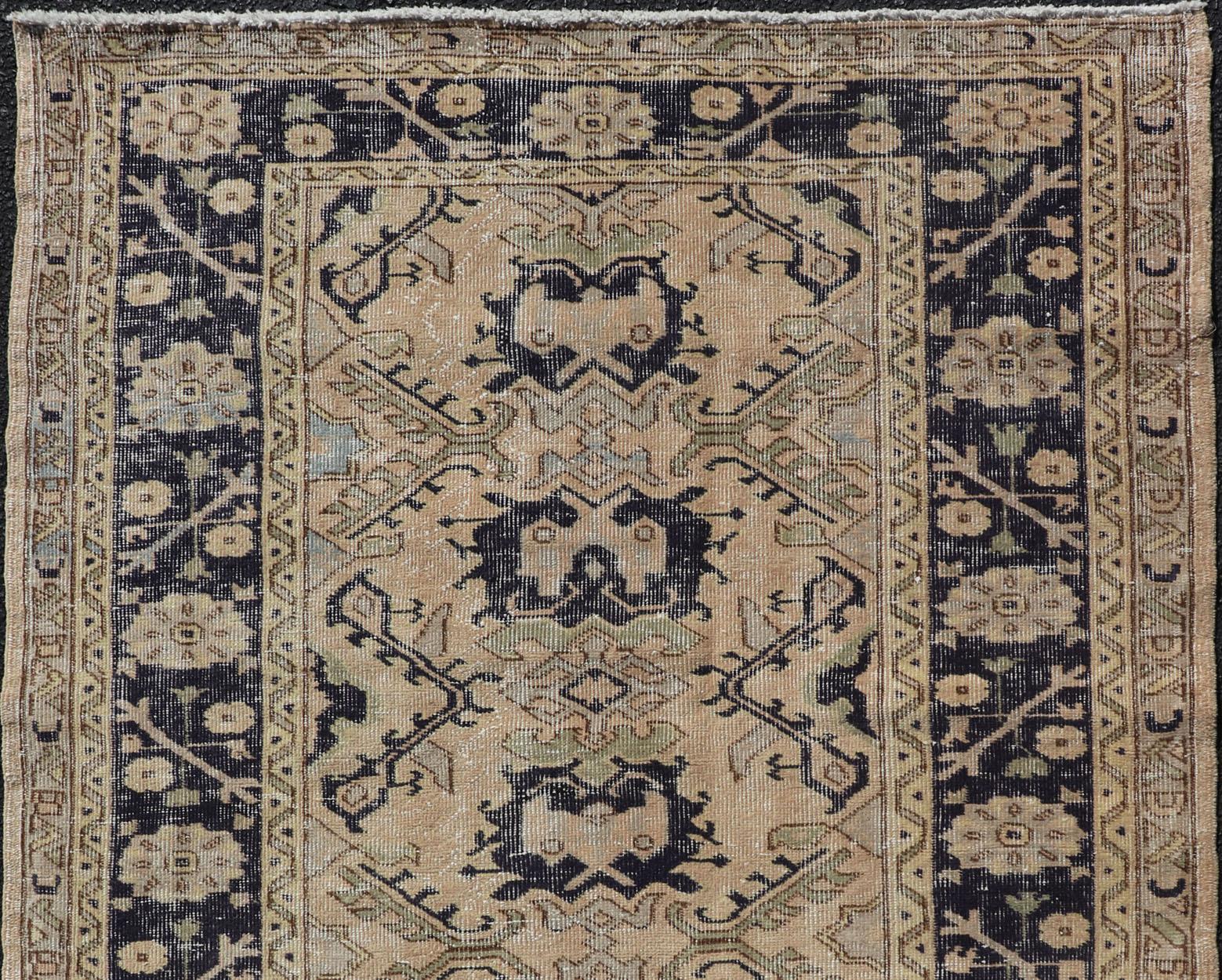 Hand-Knotted Vintage Turkish Oushak Rug with All-Over Sub-Geometric Medallion Design in Blue For Sale
