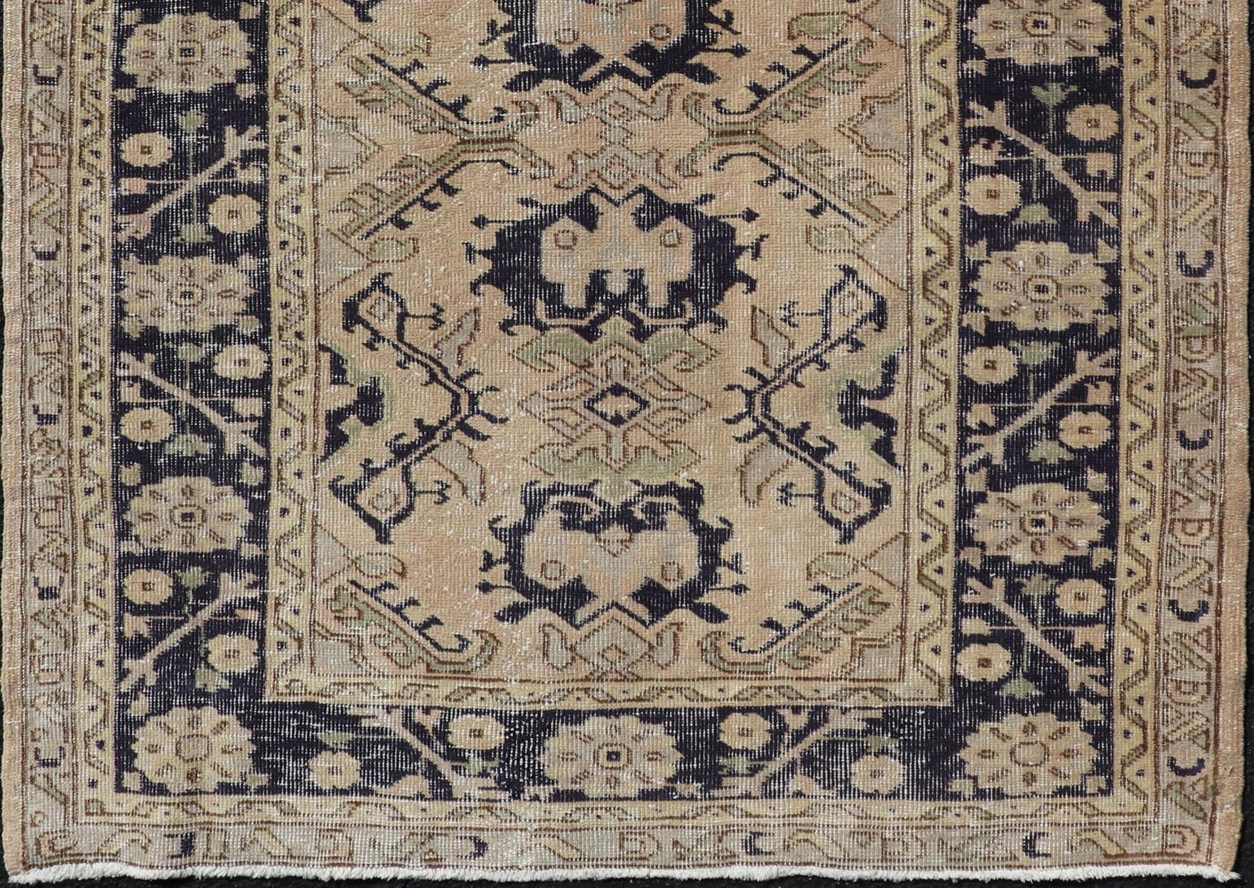 20th Century Vintage Turkish Oushak Rug with All-Over Sub-Geometric Medallion Design in Blue For Sale