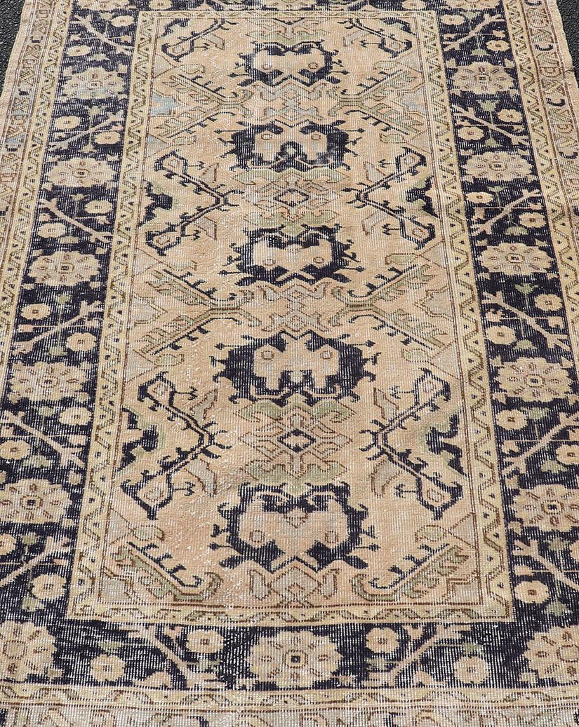 Wool Vintage Turkish Oushak Rug with All-Over Sub-Geometric Medallion Design in Blue For Sale