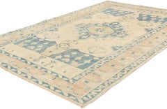 Vintage Beige and Blue Turkish Oushak Rug