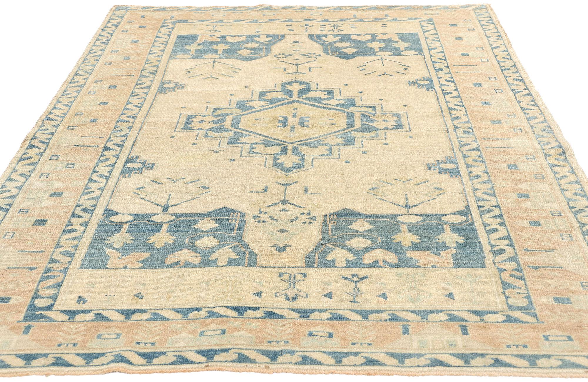 Hand-Knotted Vintage Beige and Blue Turkish Oushak Rug  For Sale