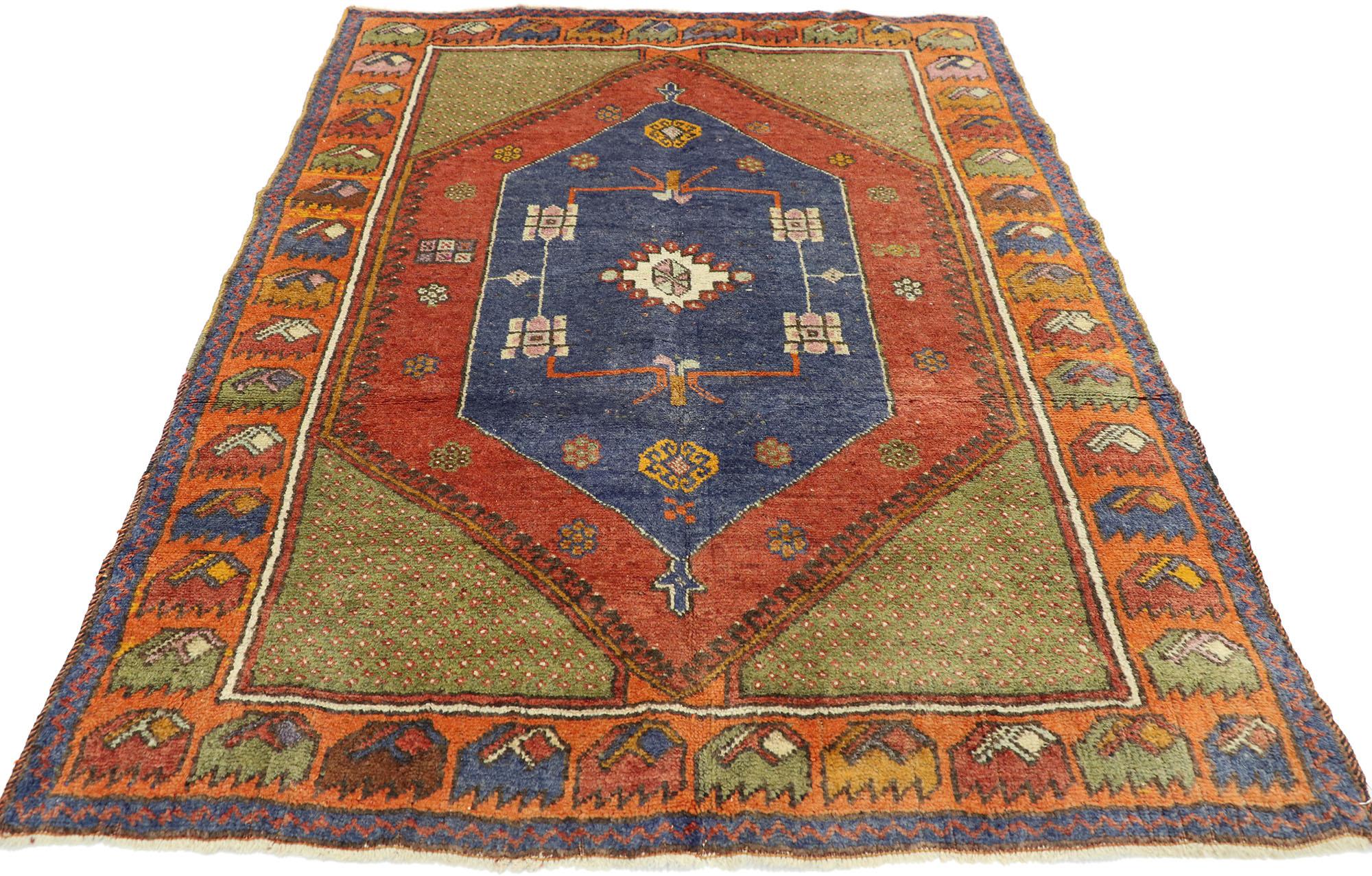 Modern Vintage Turkish Oushak Rug with Art Deco Style and Tribal Vibes For Sale