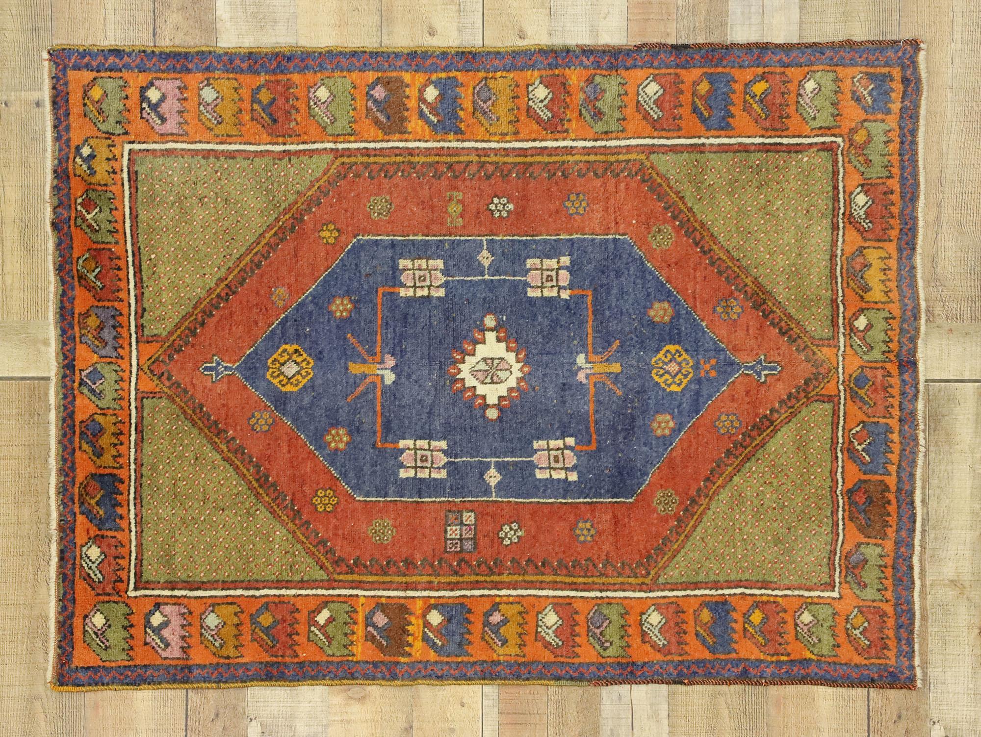 20th Century Vintage Turkish Oushak Rug with Art Deco Style and Tribal Vibes For Sale