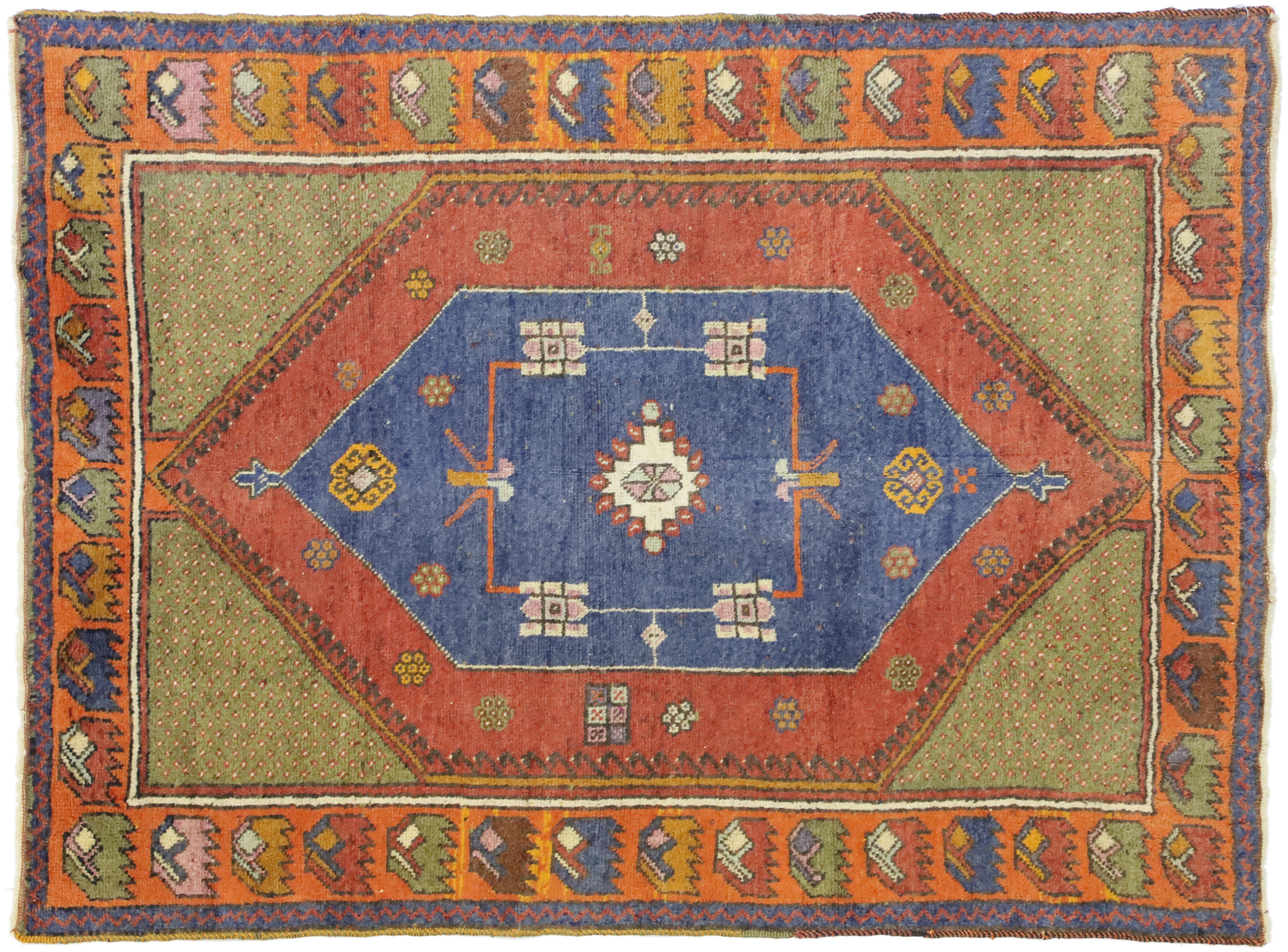 Wool Vintage Turkish Oushak Rug with Art Deco Style and Tribal Vibes For Sale