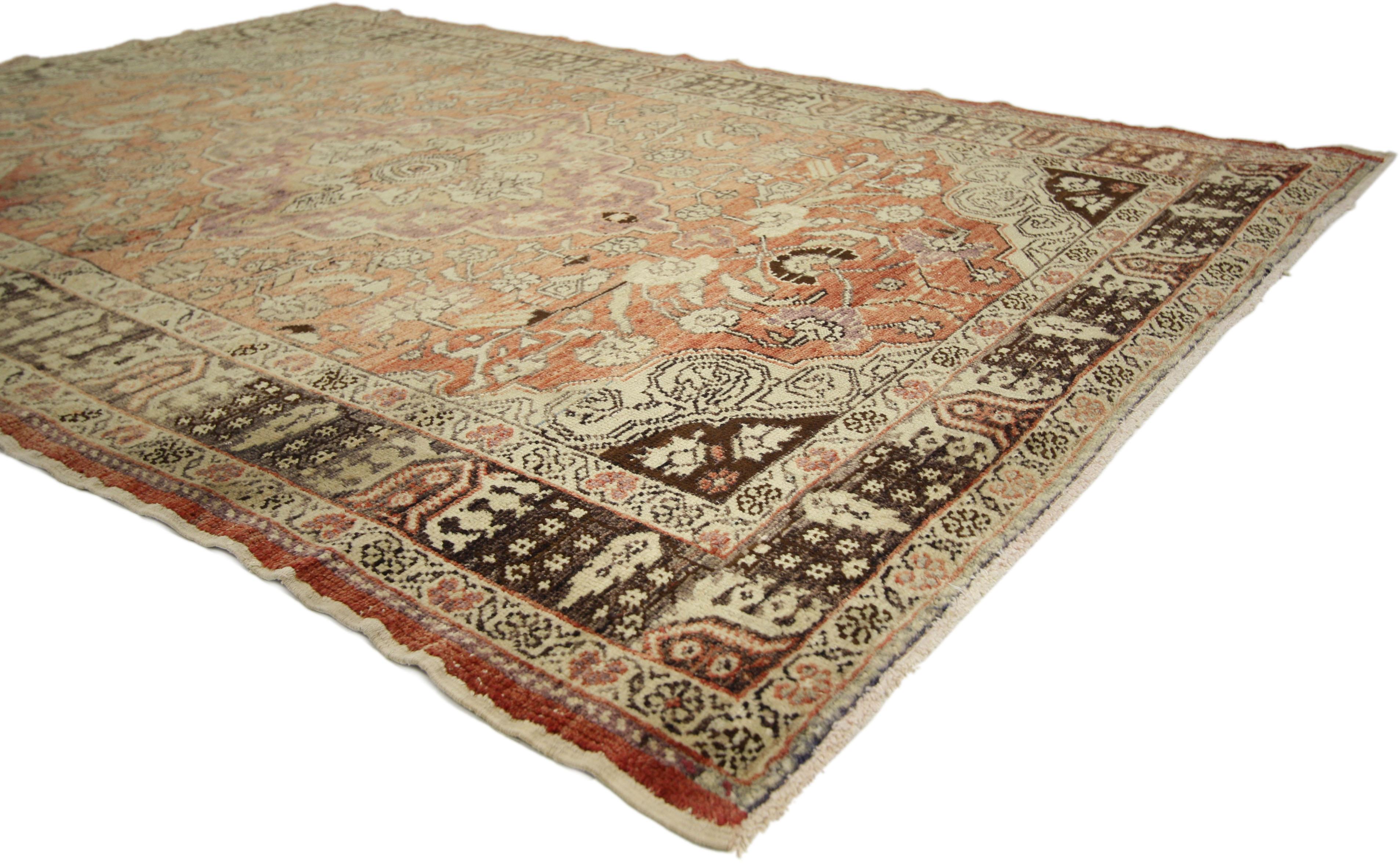 50400 vintage Turkish Oushak rug with artisan rustic style. This hand knotted wool vintage Turkish Oushak rug features a cusped center medallion surrounded by an all-over pattern composed of blooming palmettes, stylized flowers, organic shapes,