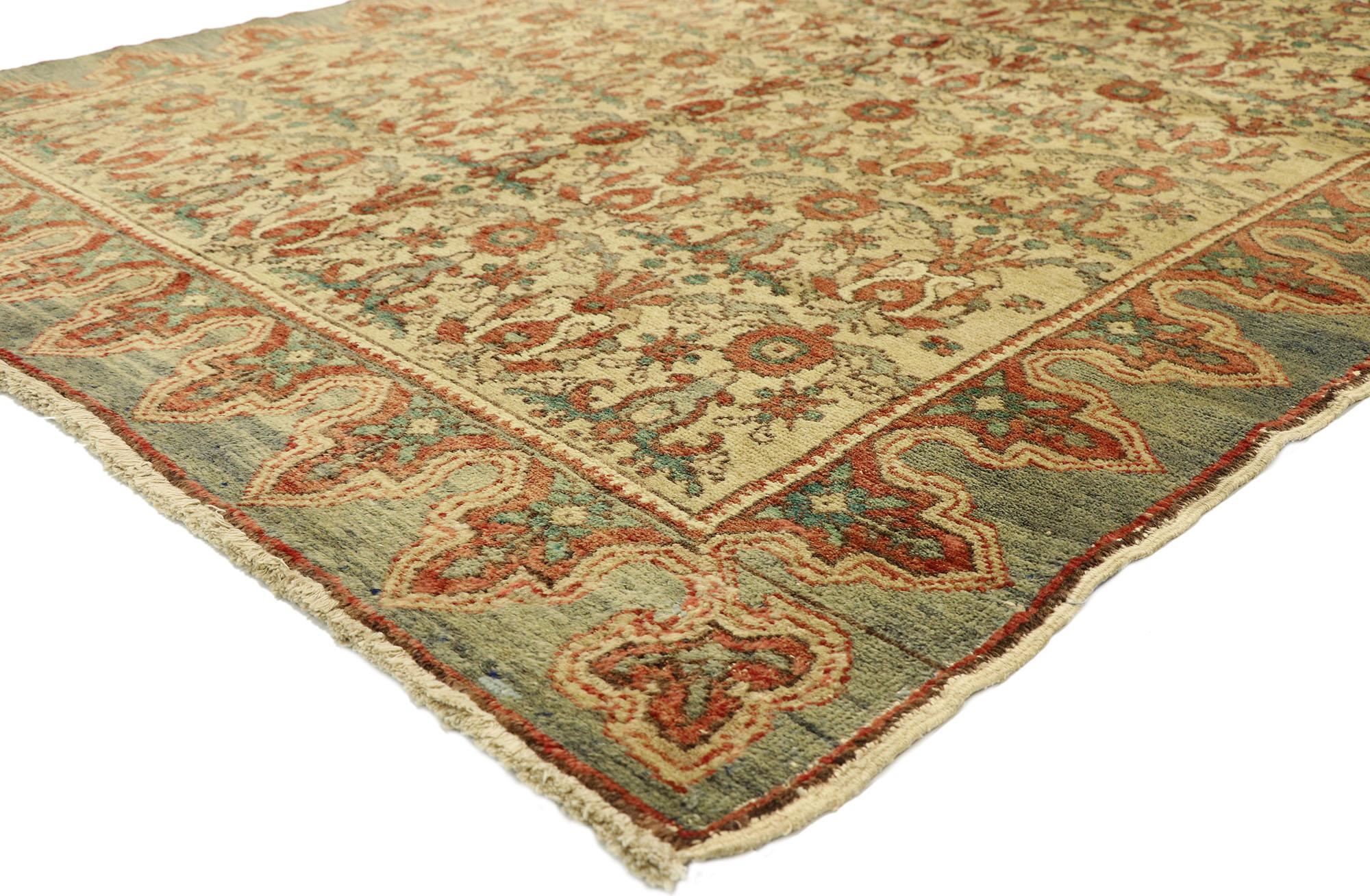 50168 Vintage Turkish Oushak Rug with Arts & Crafts Cottage Style 05'00 x 07'07. With its timeless design and symmetrical composition, this hand knotted wool vintage Turkish Oushak rug astounds with its beauty. The abrashed beige field is covered in