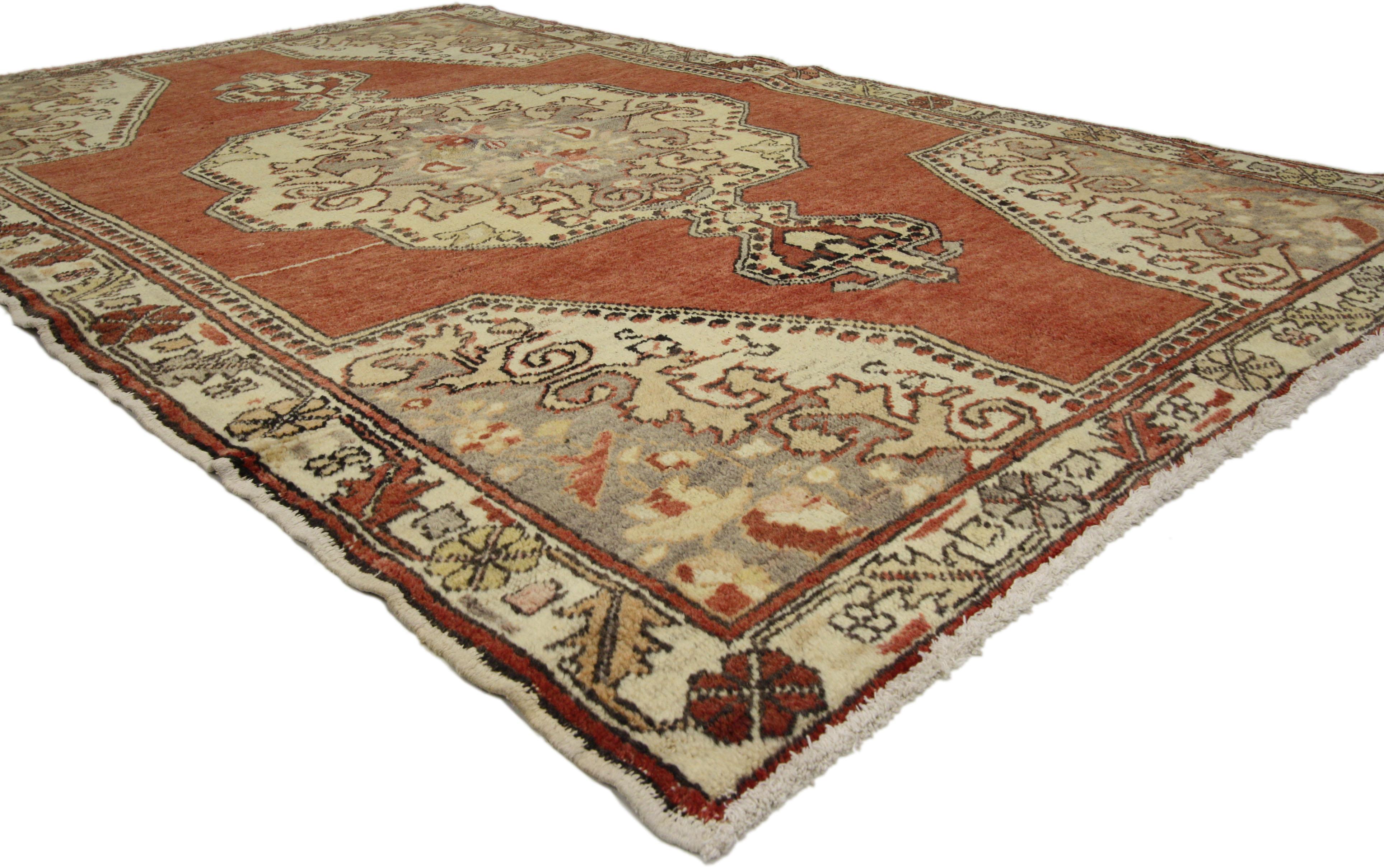 50323 Vintage Turkish Oushak Rug with Arts & Crafts Style 04'05 x 07'01. This hand knotted wool vintage Turkish Oushak rug features a large polygonal center medallion adorned with Elibelinde pendants floating in the center of an abrashed brick red