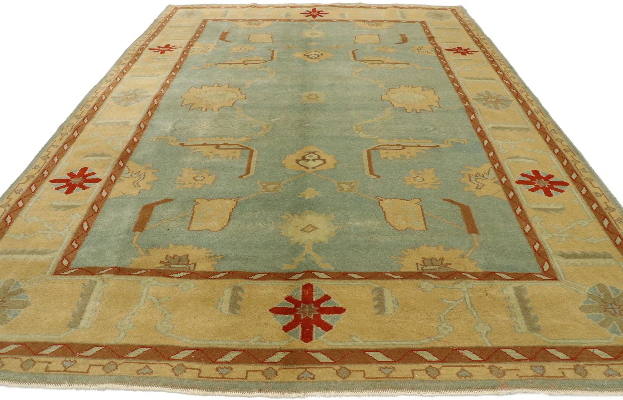 Hand-Knotted Vintage Turkish Oushak Rug with Arts & Crafts Style For Sale