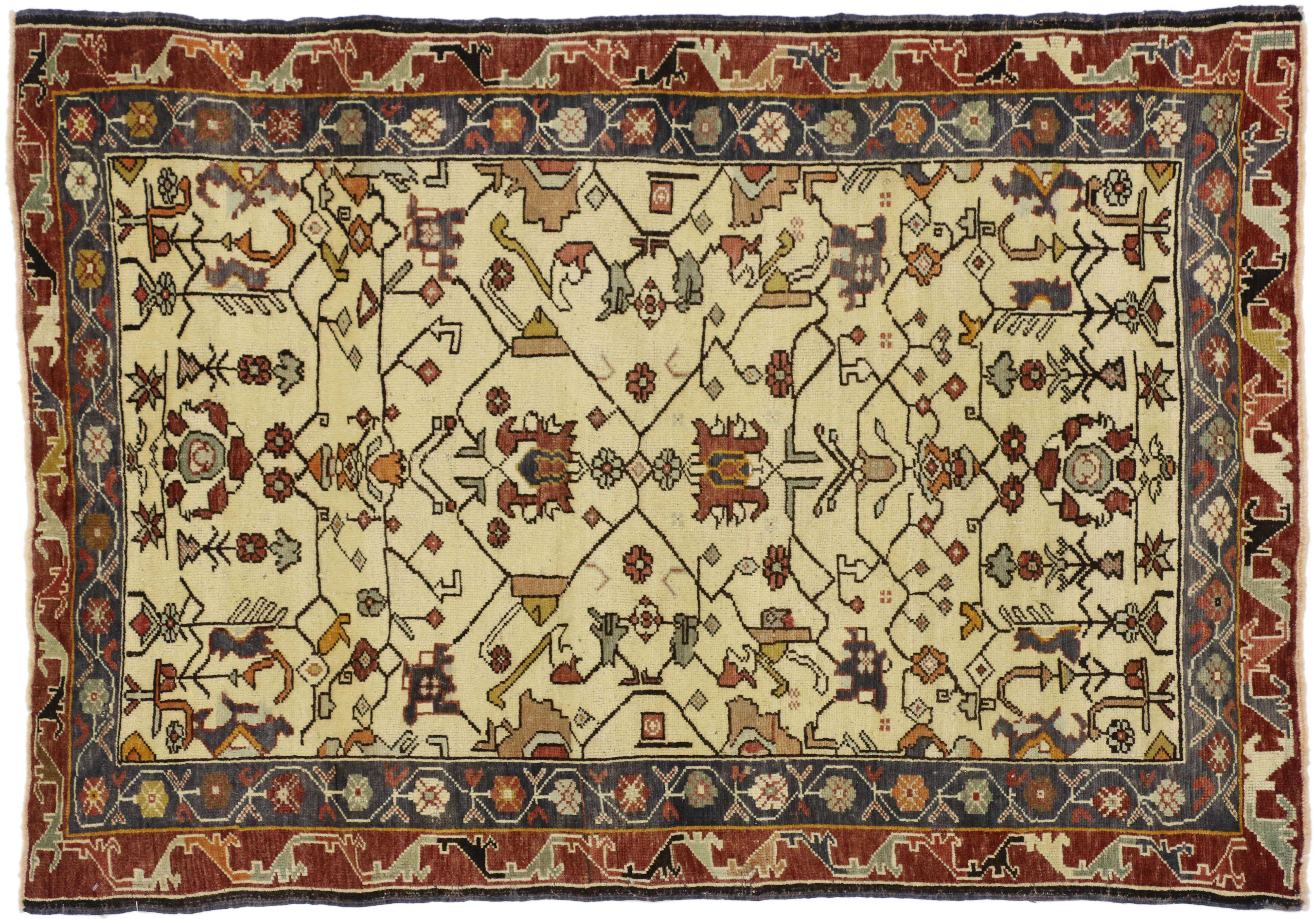 20th Century Vintage Turkish Oushak Rug with Arts & Crafts Style, Entry or Foyer Accent Rug For Sale