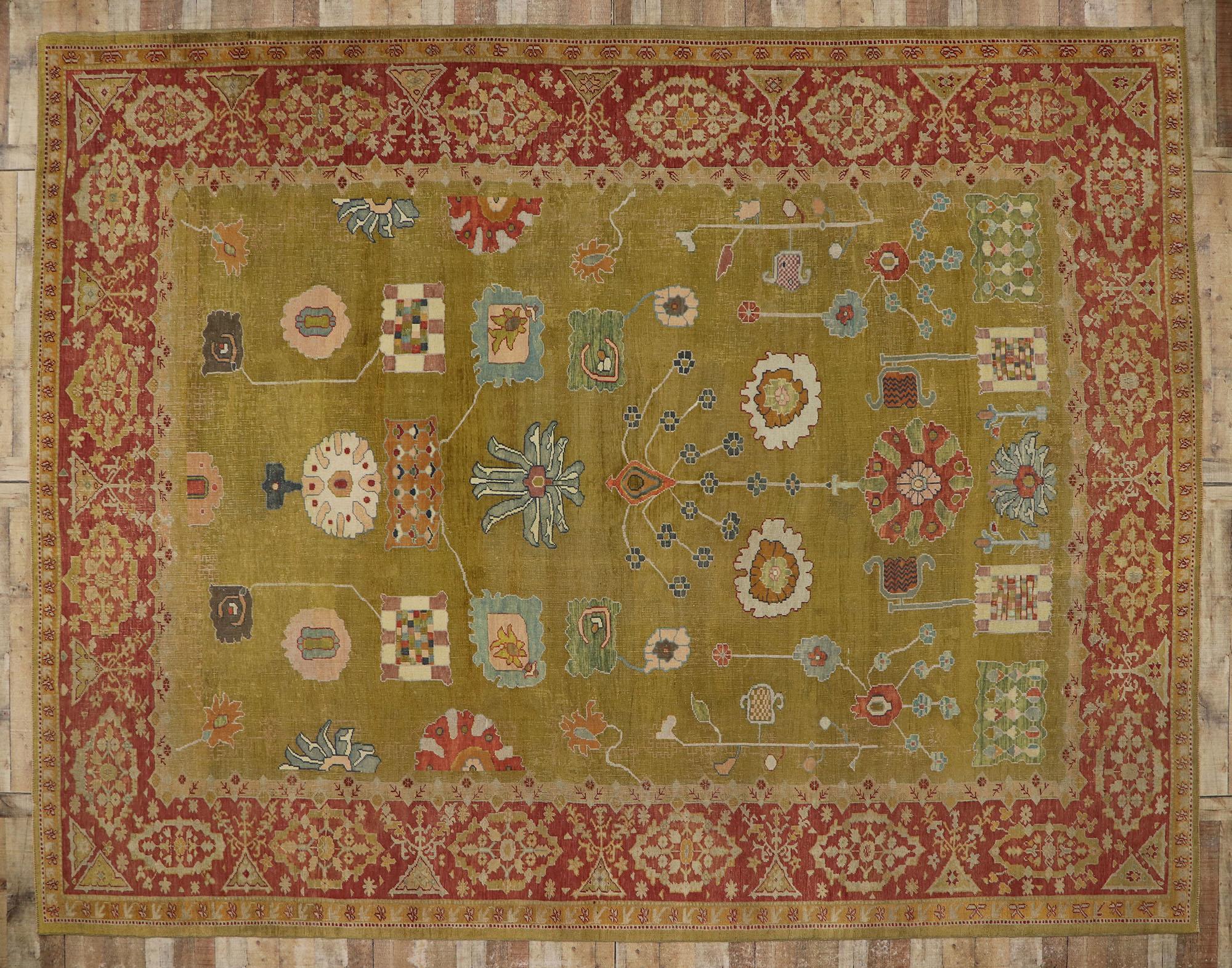 Vintage Turkish Oushak Rug with Arts & Crafts Style For Sale 2