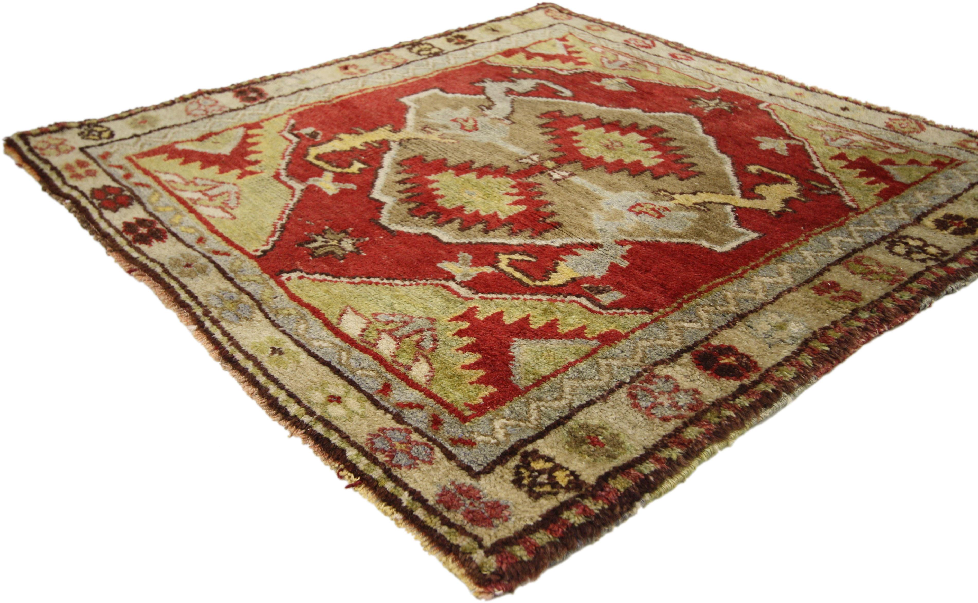 Hand-Knotted Vintage Turkish Oushak Rug with Baroque Style, Small Square Accent Rug For Sale