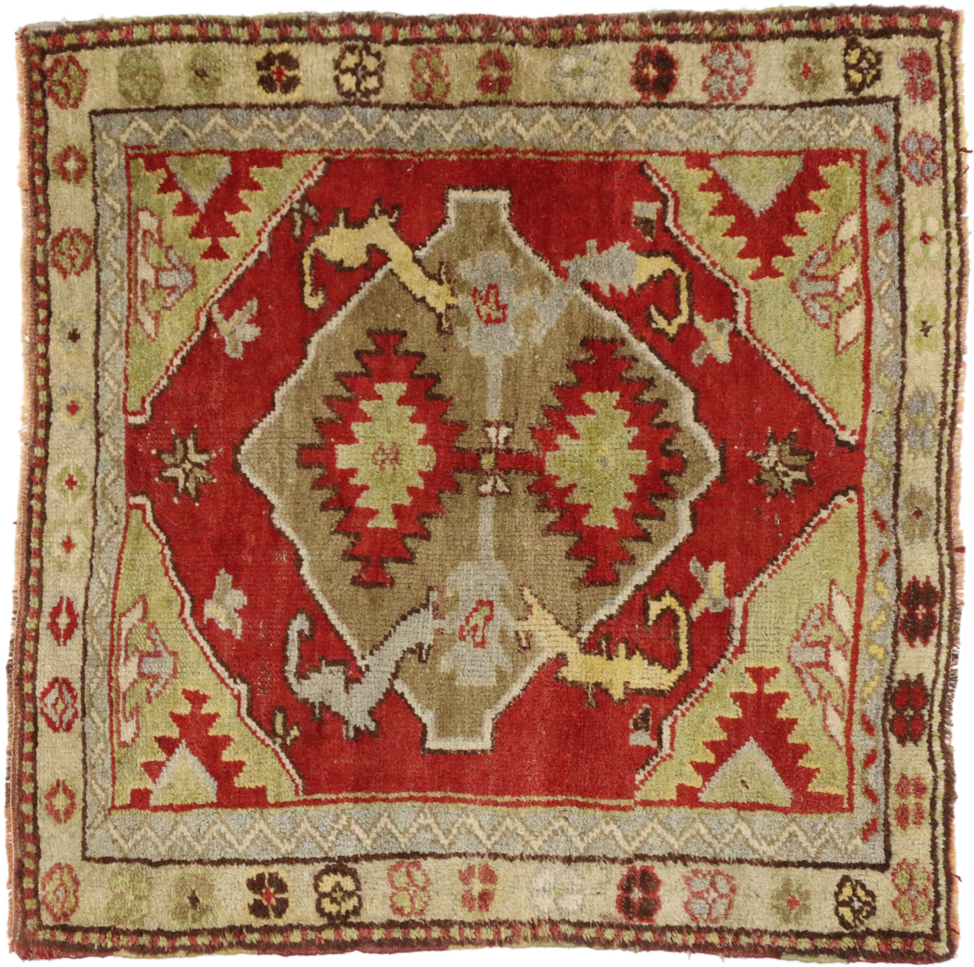 Wool Vintage Turkish Oushak Rug with Baroque Style, Small Square Accent Rug For Sale