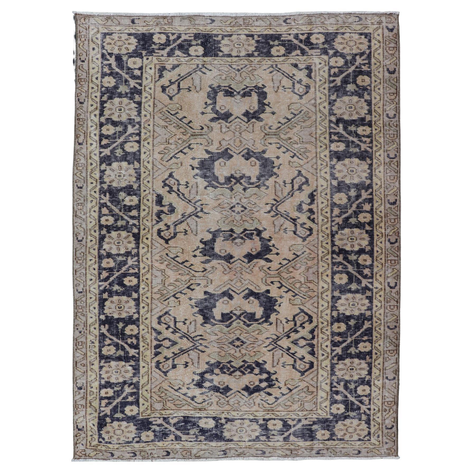 Vintage Turkish Oushak Rug with Beige and Navy Blue Accents 3'9 x 5'6