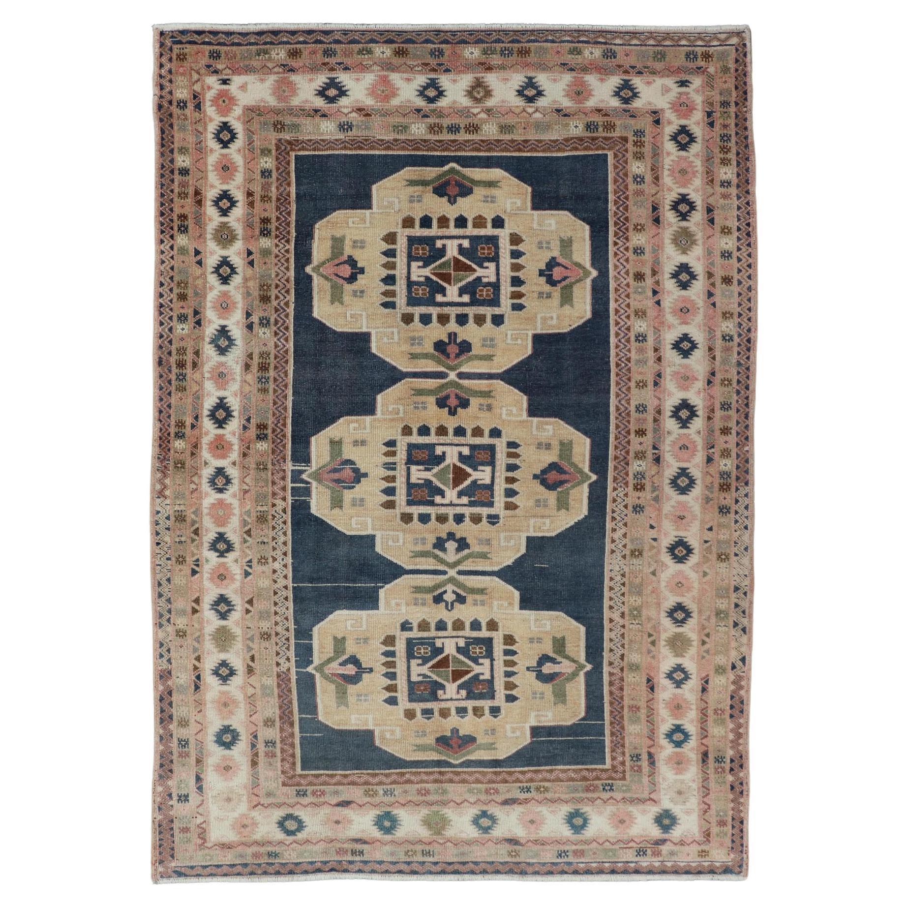 Vintage Turkish Oushak Rug with Beige, Navy Blue, and Rose Geometric 5
5 x 7
10