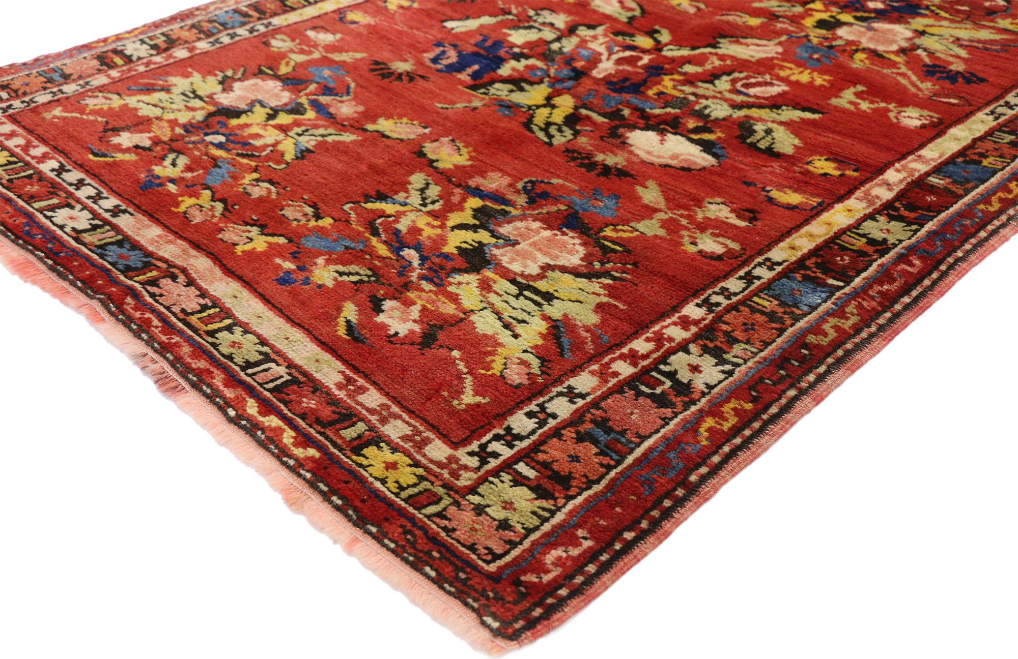52449 Vintage Turkish Oushak Rug with Bessarabian Floral Chintz Style 03'05 x 04'07. Drawing inspiration from Mario Buatta and Chintz style, this hand knotted wool vintage Turkish Oushak rug with Bessarabian Cottage style features five stylized