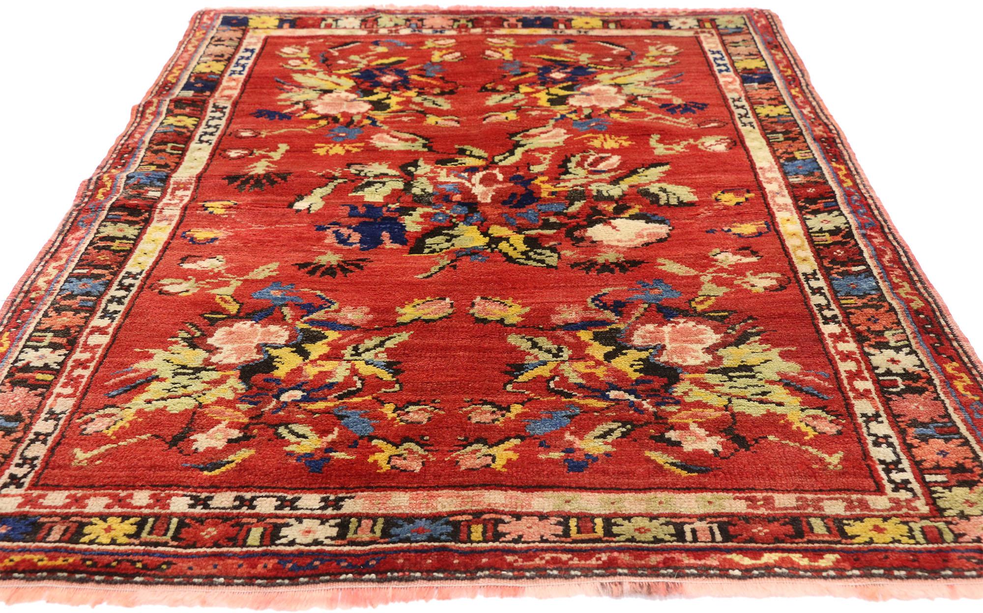 Hand-Knotted Vintage Turkish Oushak Rug with Bessarabian Floral Chintz Style
