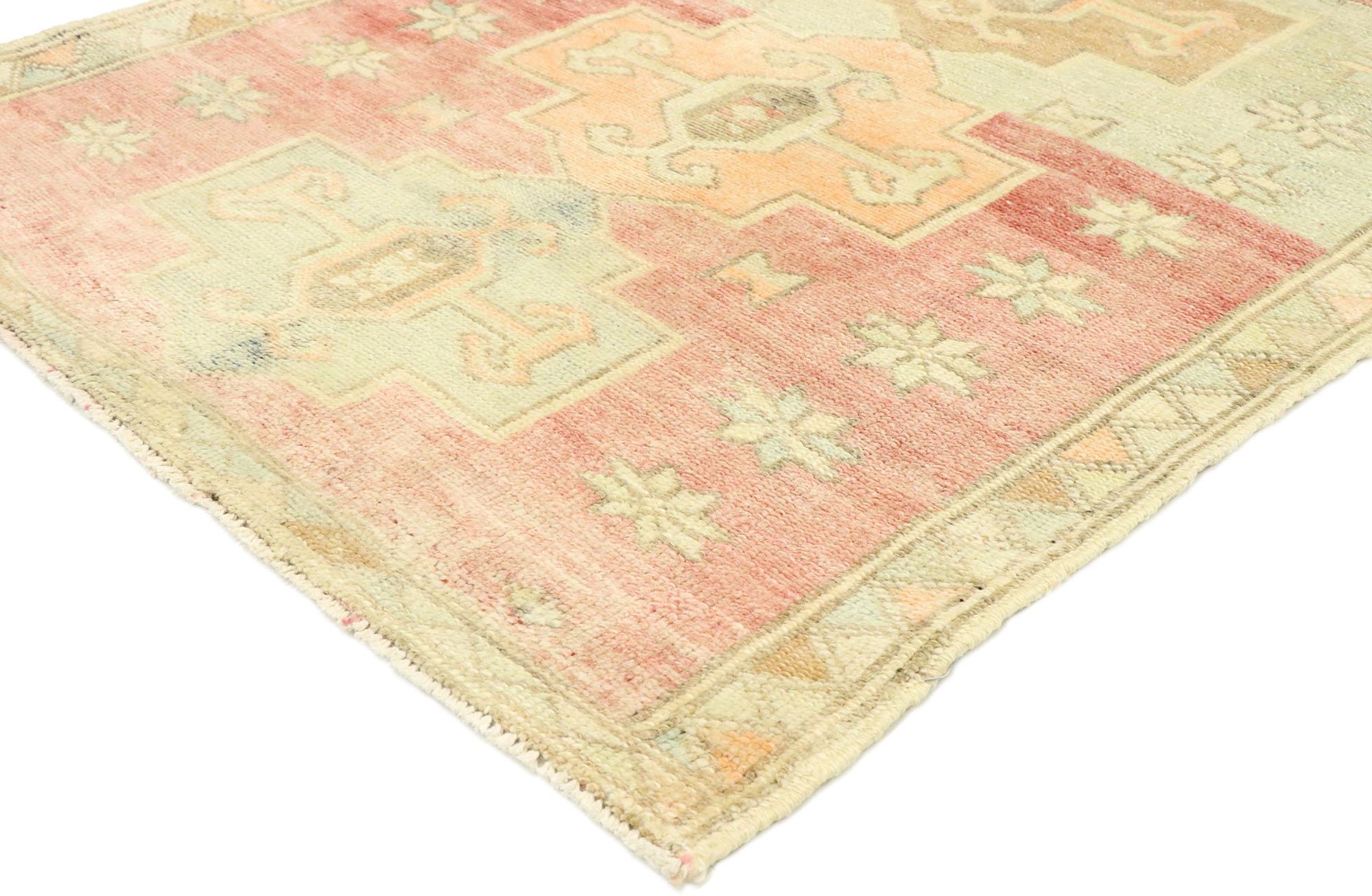 53030 Vintage Turkish Oushak Rug, 02'10 x 06'01. Steeped in centuries-old tradition and meticulously crafted by skilled artisans, antique-washed Turkish Oushak rugs originate from the revered Oushak region, where they undergo a meticulous washing