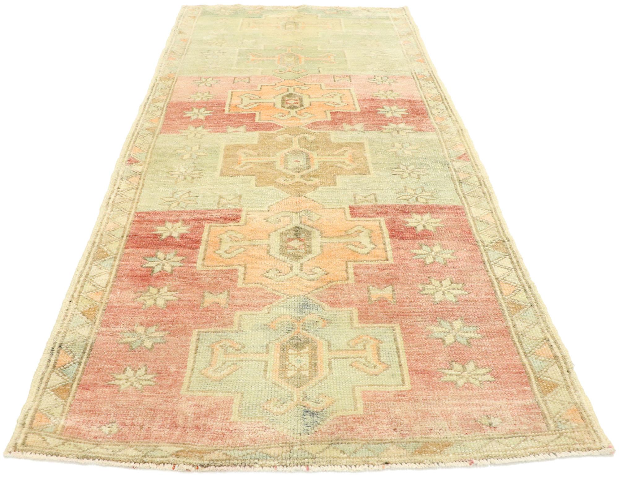 Hand-Knotted Colorful Vintage Turkish Oushak Rug For Sale