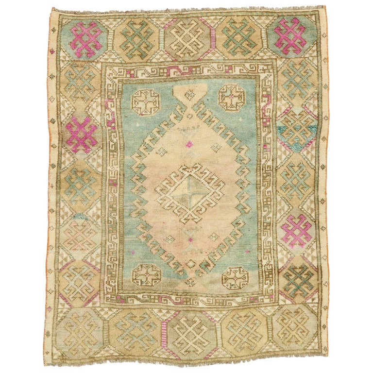 Vintage Turkish Oushak Rug with Boho Chic Tribal Style at 1stDibs