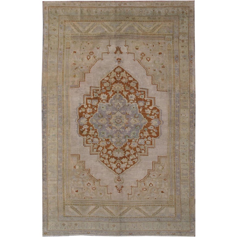 Vintage Turkish Oushak Rug With Brown Medallion In Light Green And