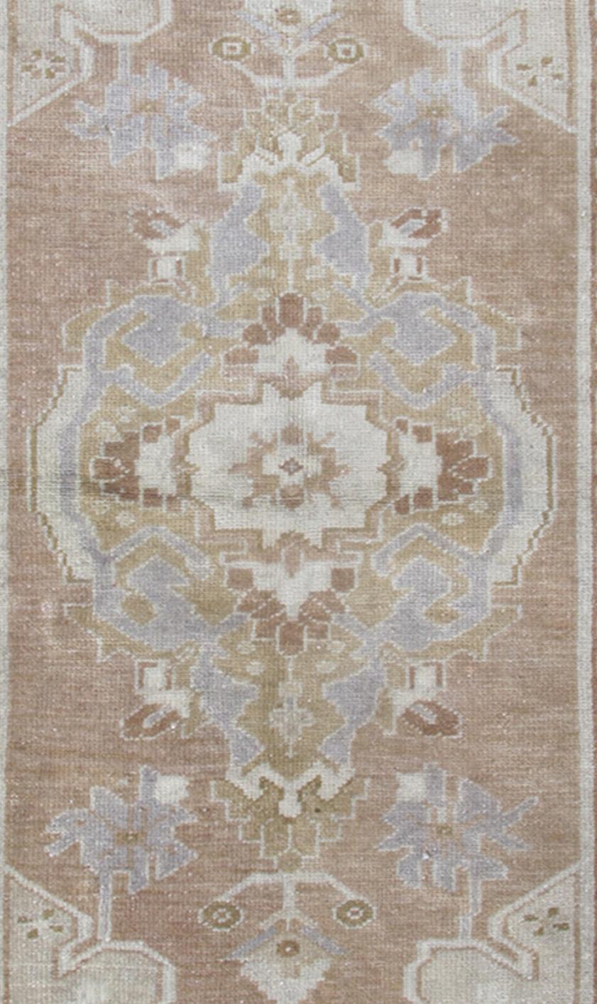 Hand-Knotted Vintage Turkish Oushak Rug with Central Medallion in Brown, Taupe, Ivory & Grey
