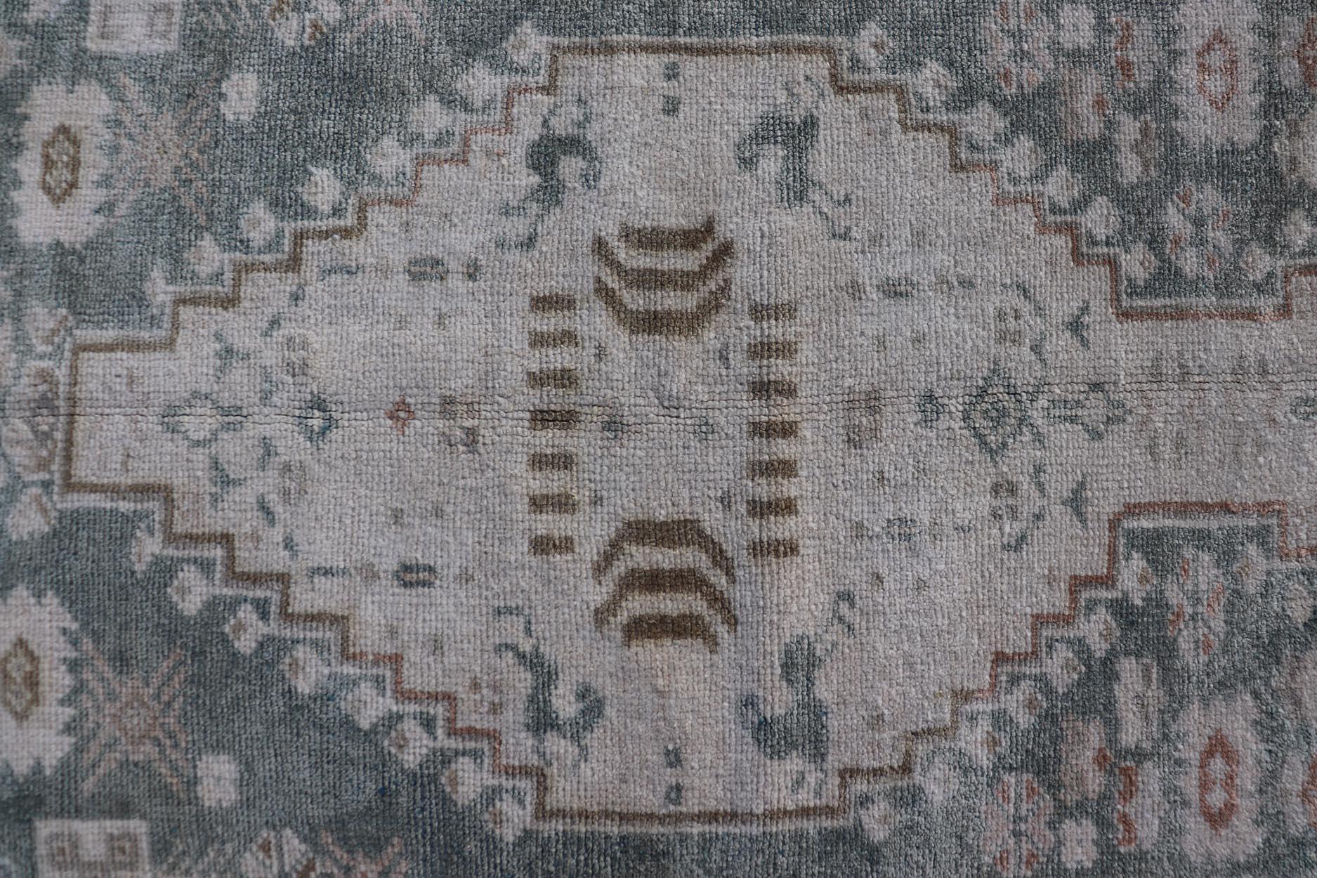 Hand-Knotted Vintage Turkish Oushak Rug with Central Medallions in Cream and Light Green For Sale