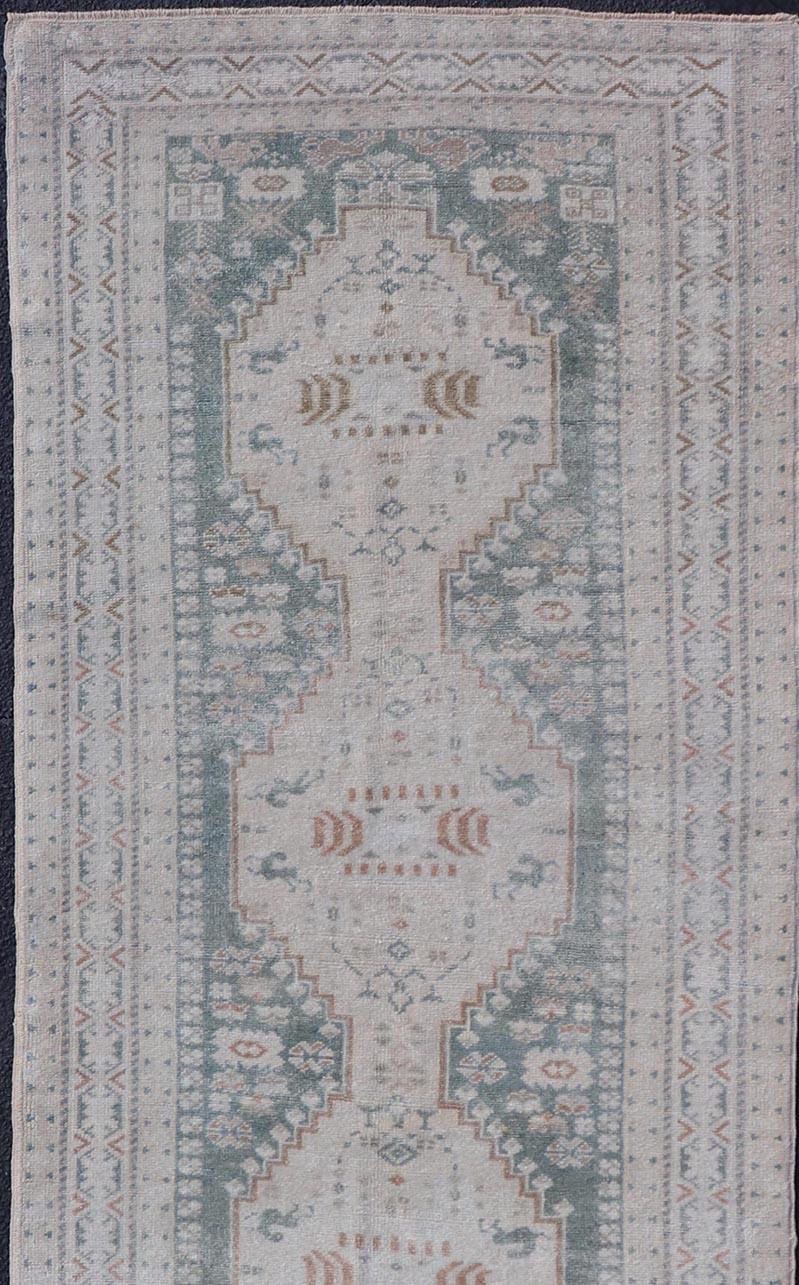 Vintage Turkish Oushak Rug with Central Medallions in Cream and Light Green In Good Condition For Sale In Atlanta, GA