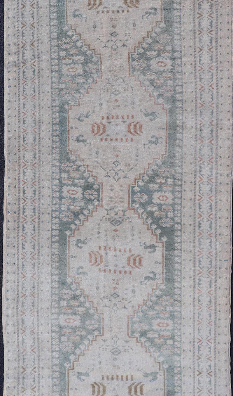 20th Century Vintage Turkish Oushak Rug with Central Medallions in Cream and Light Green For Sale