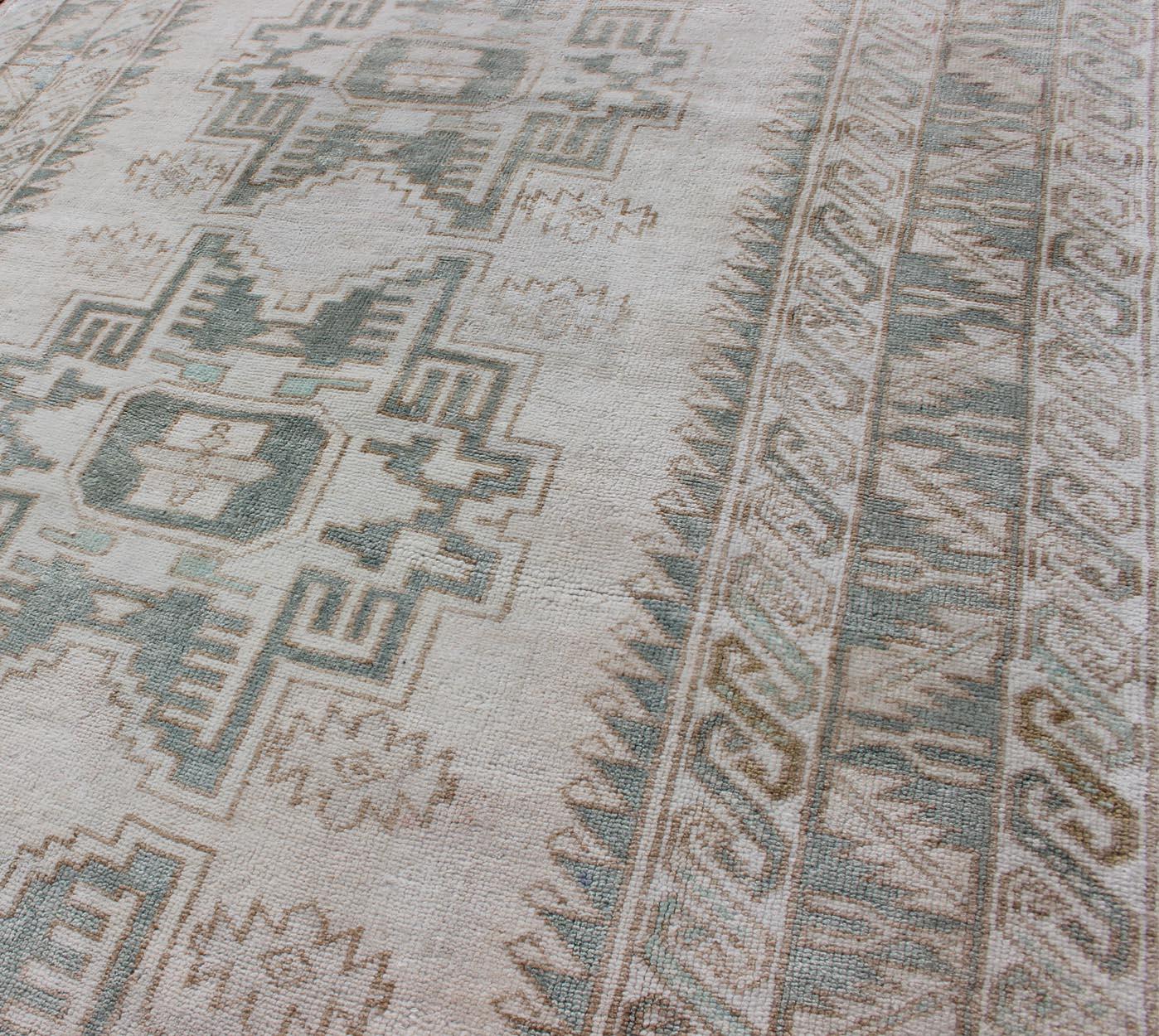 Hand-Knotted Vintage Turkish Oushak Rug with Central Medallions in Taupe and Light Green For Sale